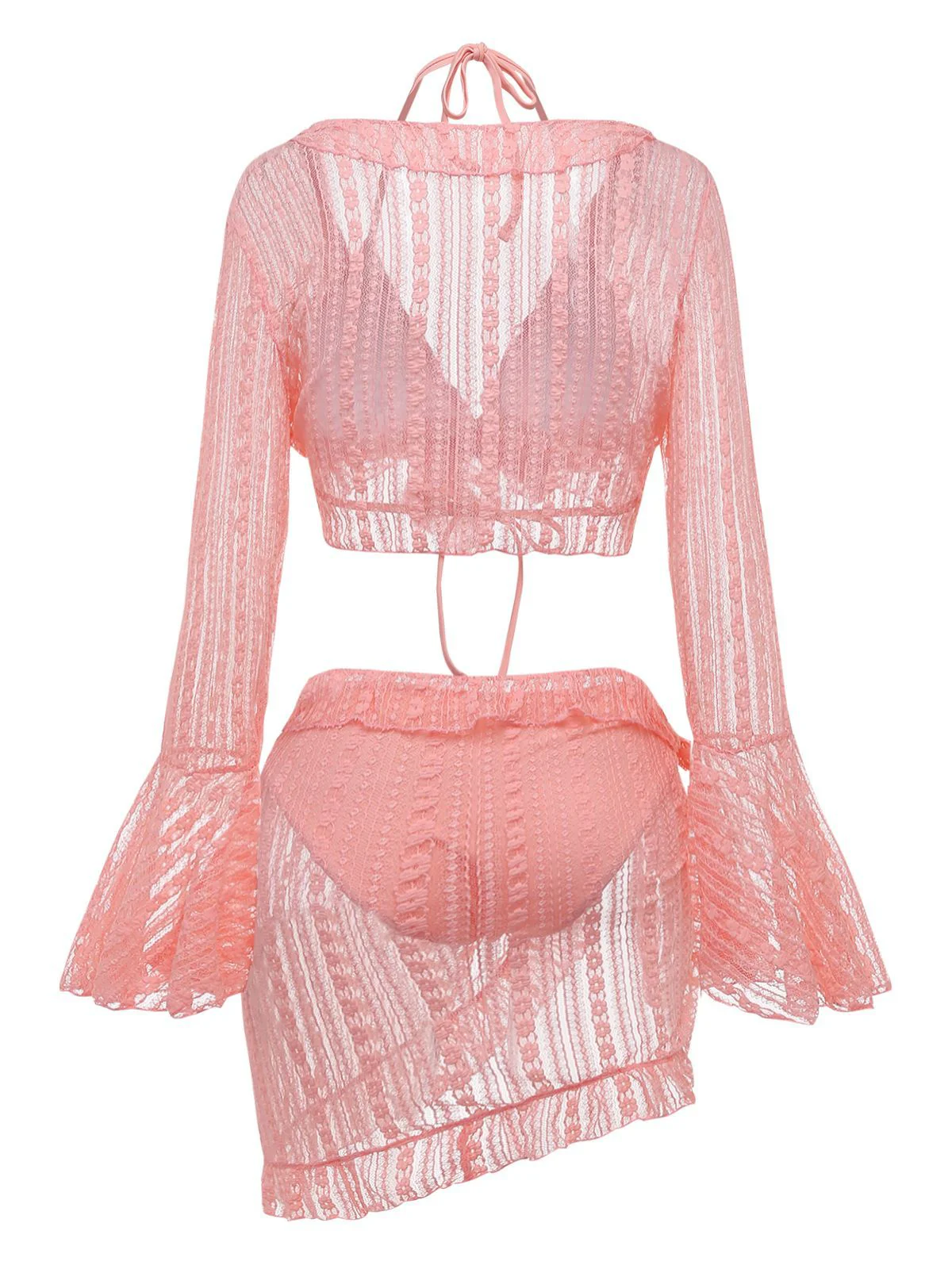 4PCS 1970s Halter Bikini Set & Sheer Bell Sleeve Cover-Up - Image 3