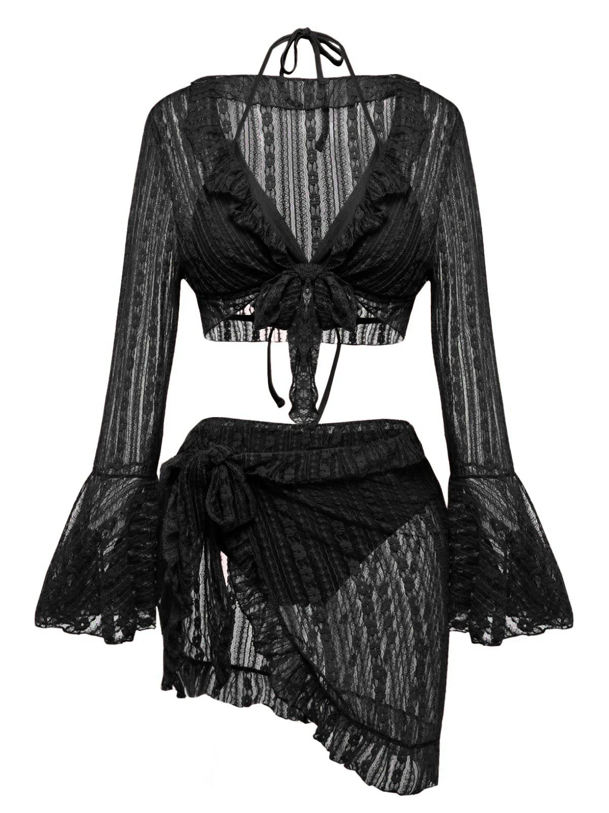 4PCS 1970s Halter Bikini Set & Sheer Bell Sleeve Cover-Up - Image 8