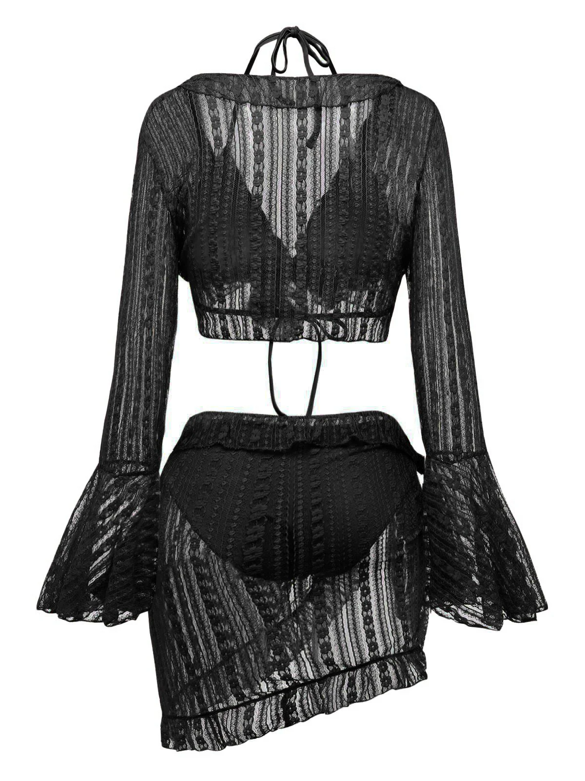 4PCS 1970s Halter Bikini Set & Sheer Bell Sleeve Cover-Up - Image 9
