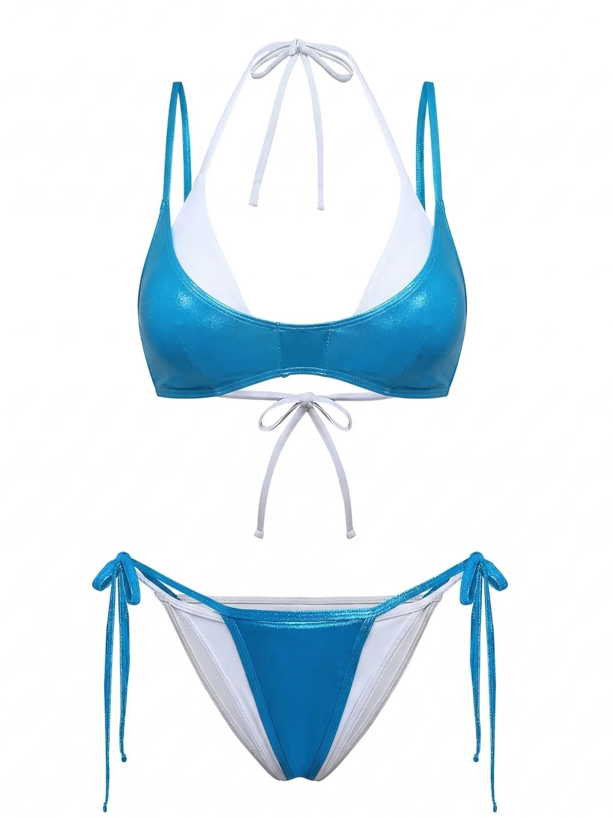 4PCS Teal & White 1950s Triangle String Bikini Set - Image 2