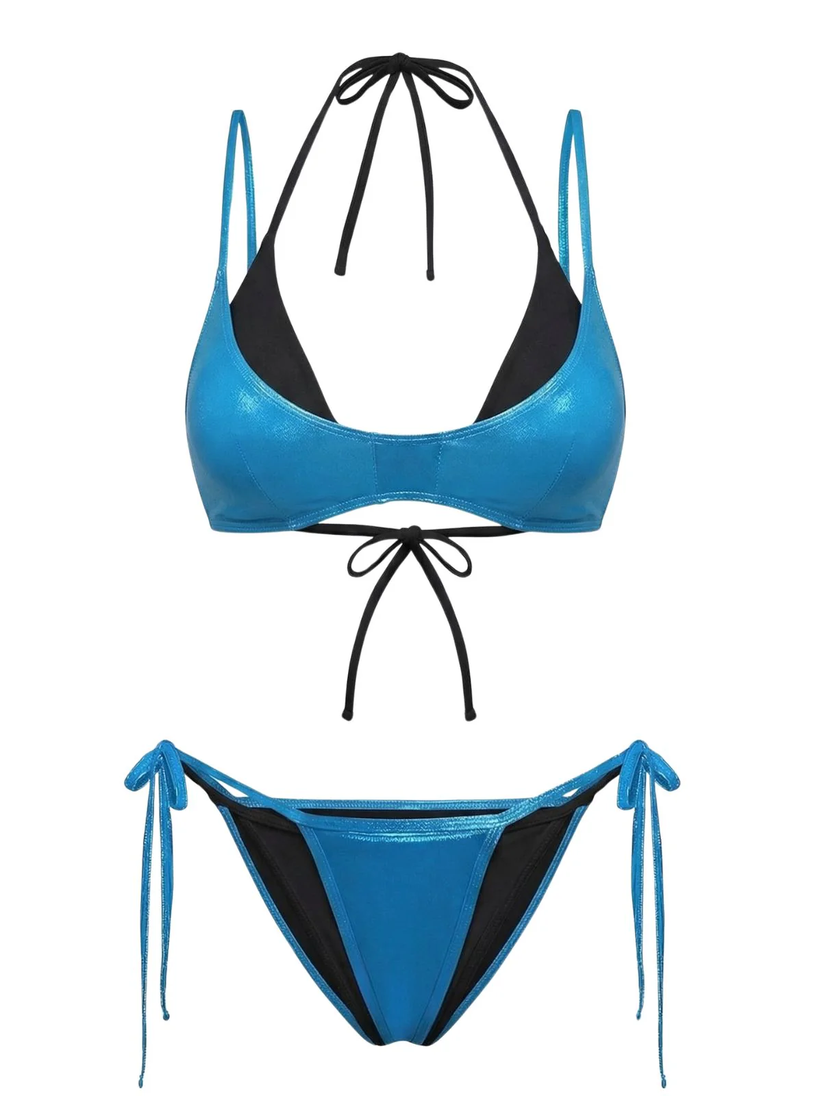 4PCS Teal & White 1950s Triangle String Bikini Set - Image 4