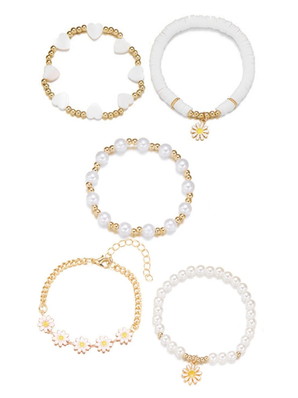5PCS Boho Daisy Pearl Heart Beaded Stackable Bracelet Set - Image 2