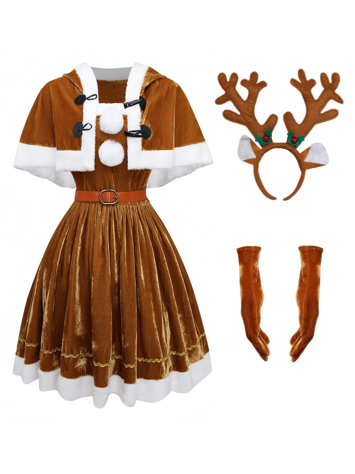 5PCS Brown 1940s Christmas Moose Cape & Velvet Dress - Image 2