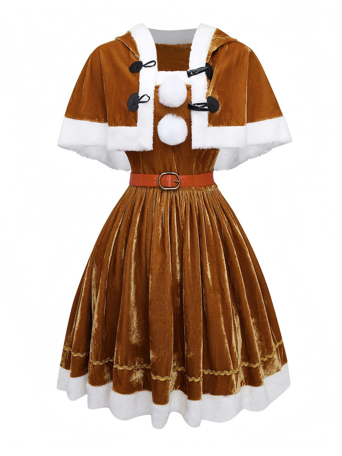 5PCS Brown 1940s Christmas Moose Cape & Velvet Dress - Image 3