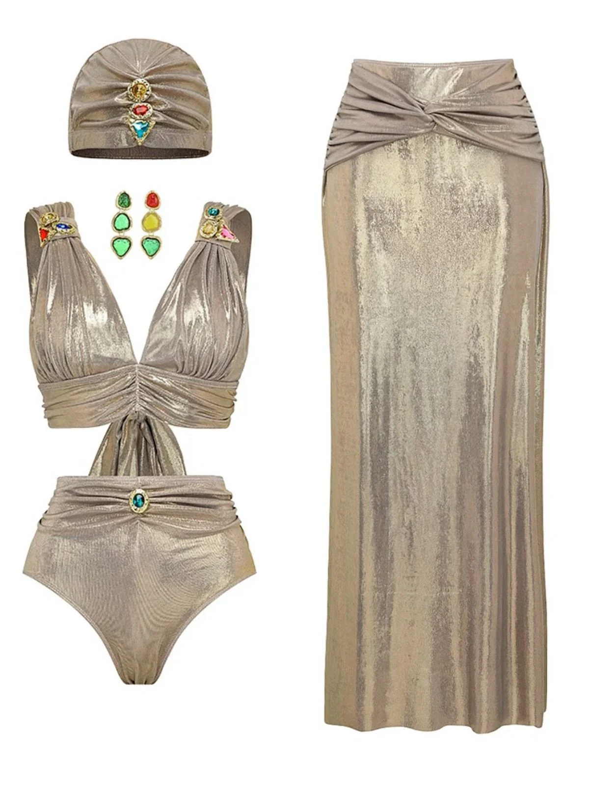 5PCS Gold 1980s Bejeweled Metallic Egyptian-Inspired Bikini Set - Image 2