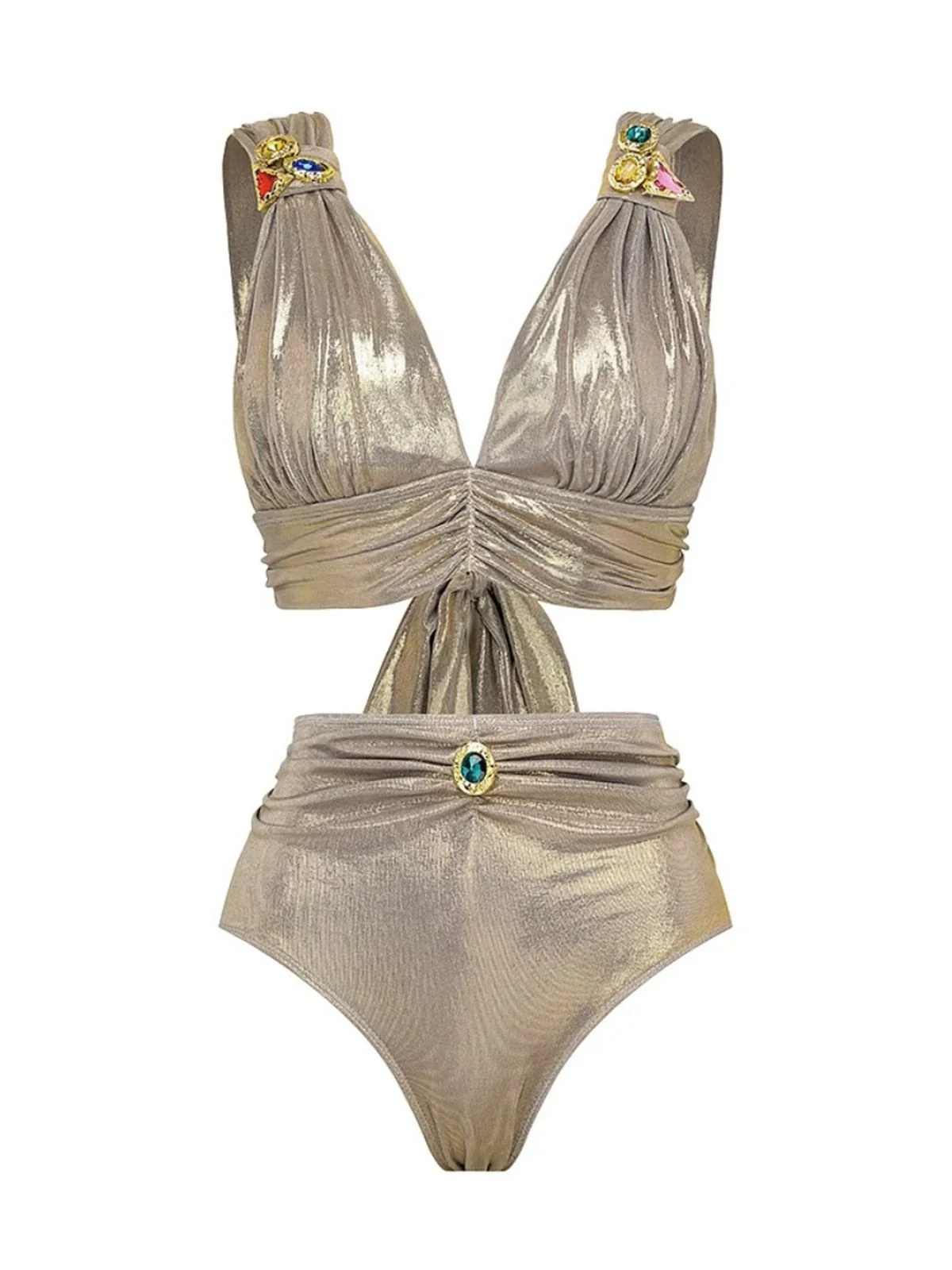 5PCS Gold 1980s Bejeweled Metallic Egyptian-Inspired Bikini Set - Image 4