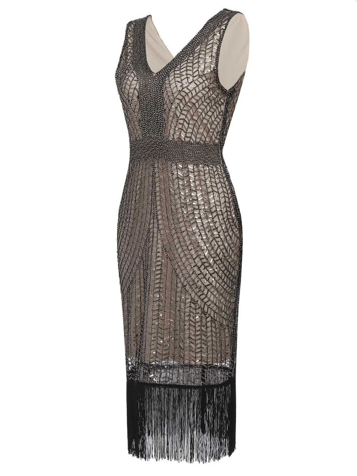 Apricot 1920s Sequin Fringe Flapper Dress - Image 2