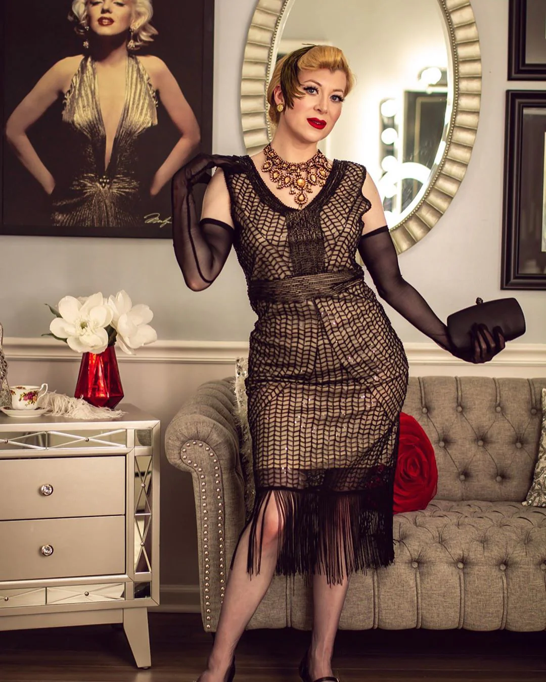 Apricot 1920s Sequin Fringe Flapper Dress - Image 5