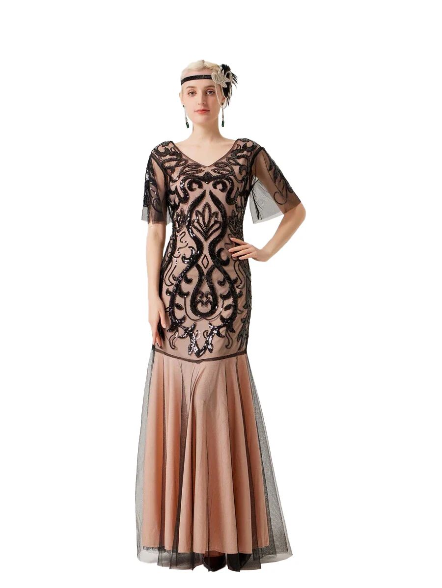 Apricot 1920s V-Neck Sequined Mesh Evening Dress - Image 2