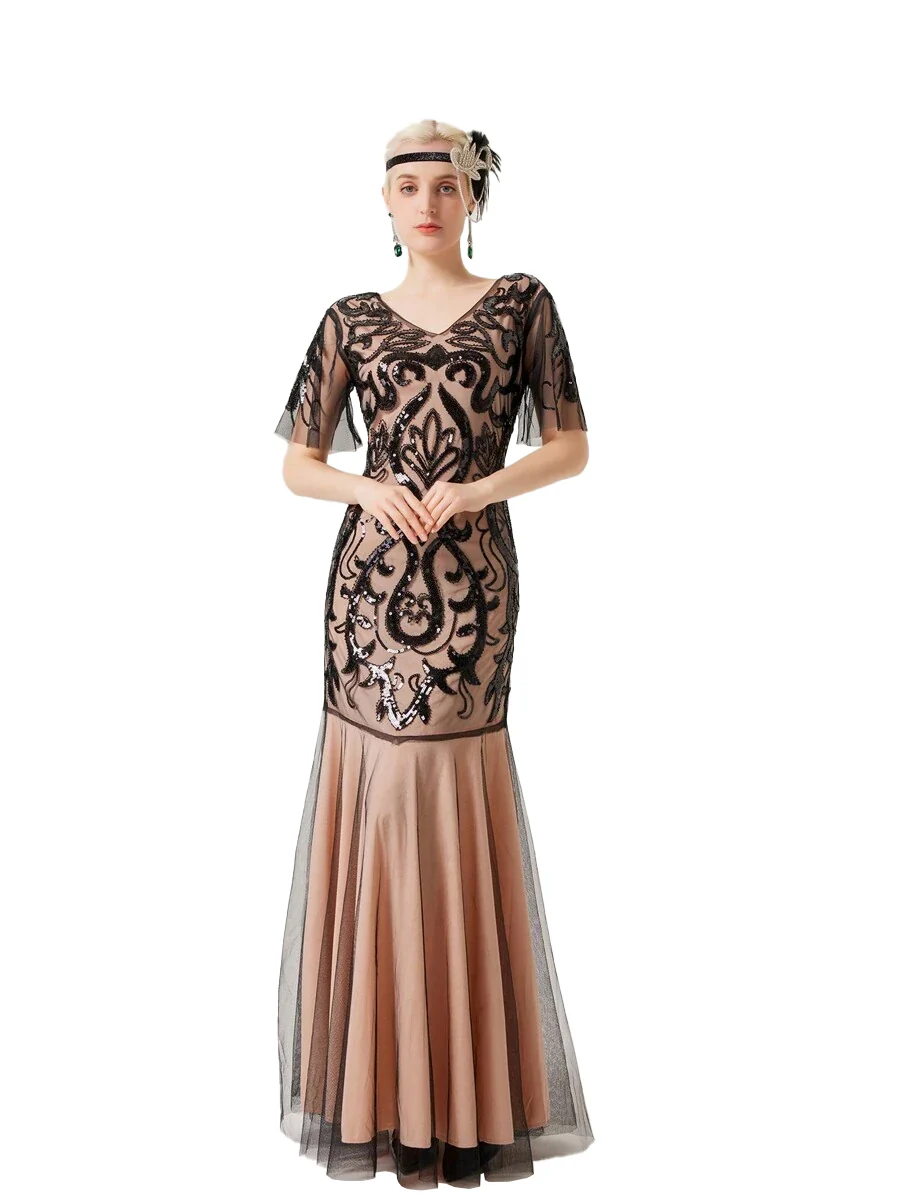 Apricot 1920s V-Neck Sequined Mesh Evening Dress - Image 3