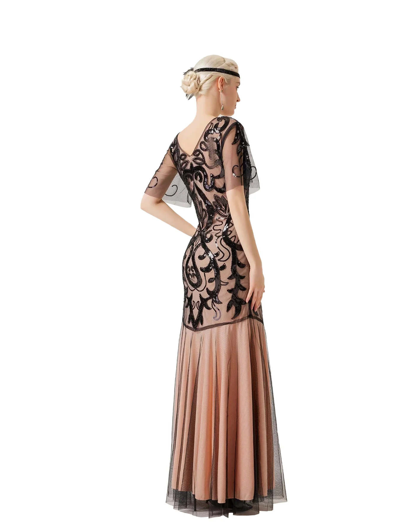 Apricot 1920s V-Neck Sequined Mesh Evening Dress - Image 4