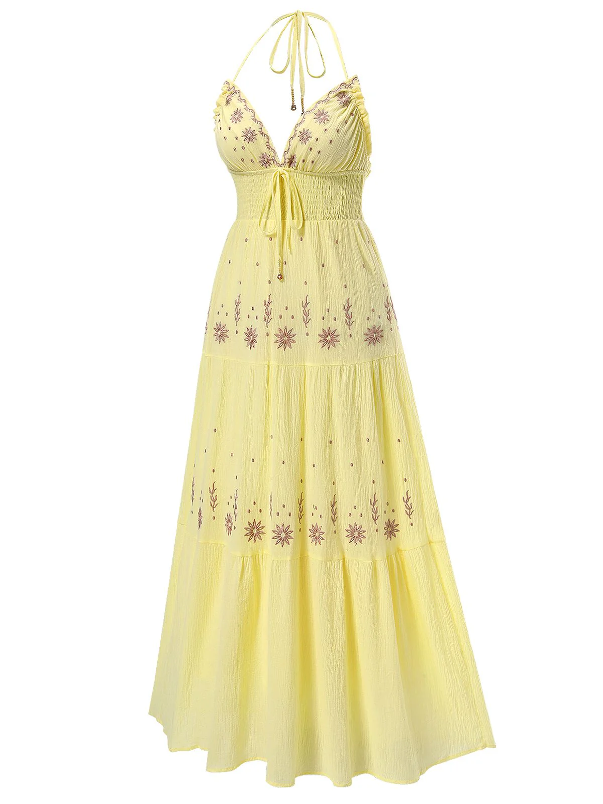 Yellow 1930s V-Neck Embroidered Floral Dress - Image 2