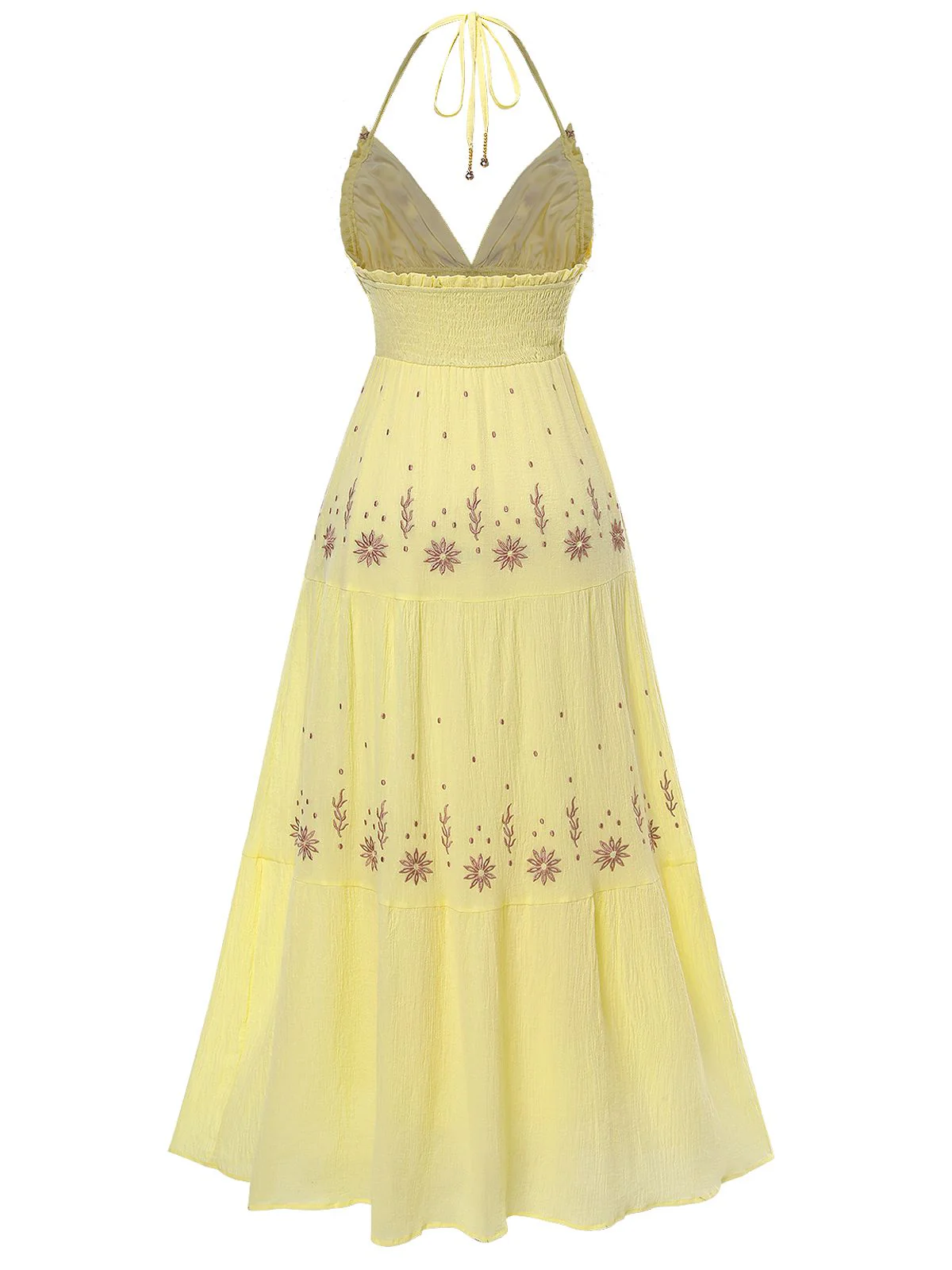 Yellow 1930s V-Neck Embroidered Floral Dress - Image 3
