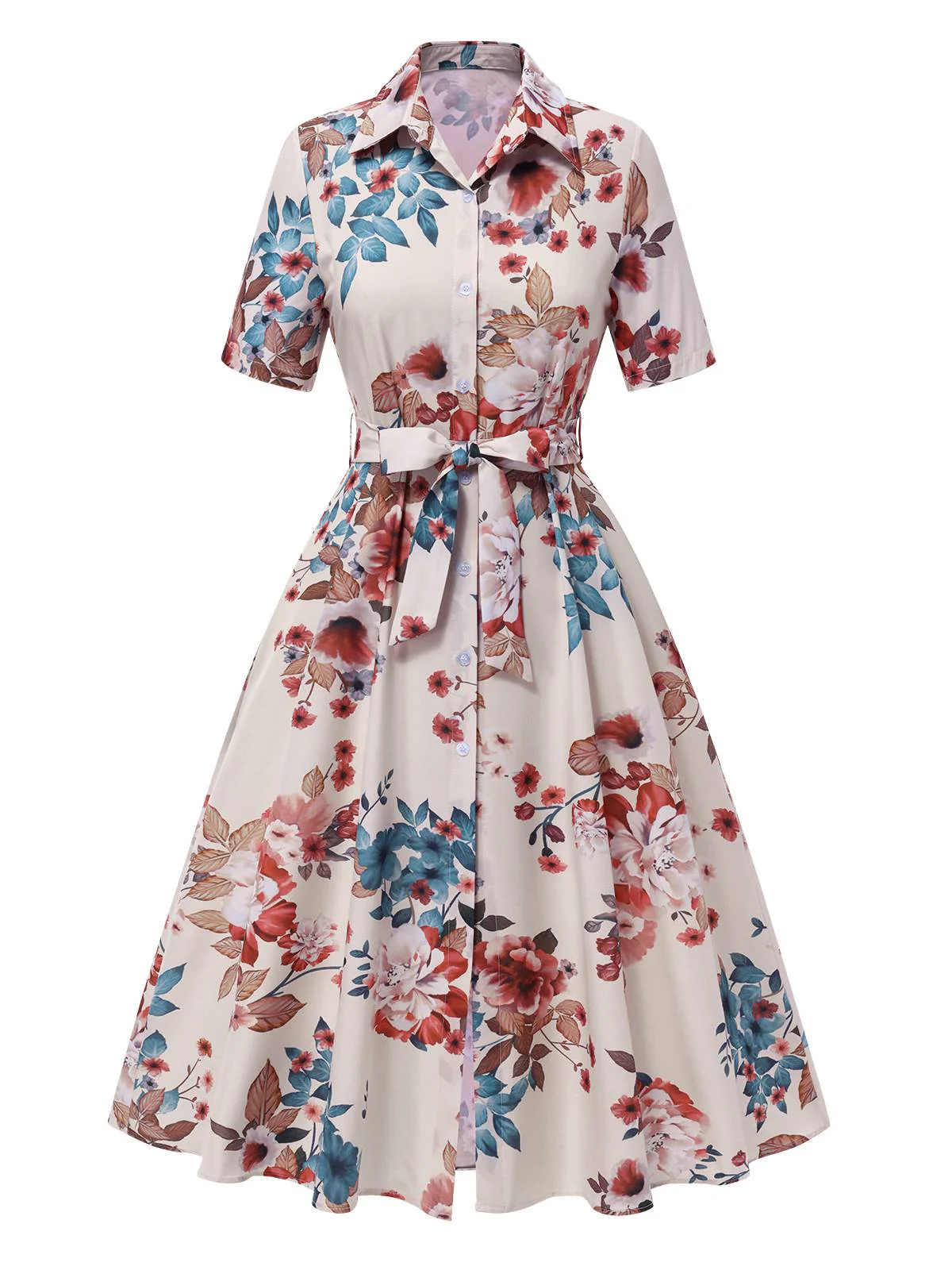 Apricot 1940s Floral Belted Lapel Dress - Image 2