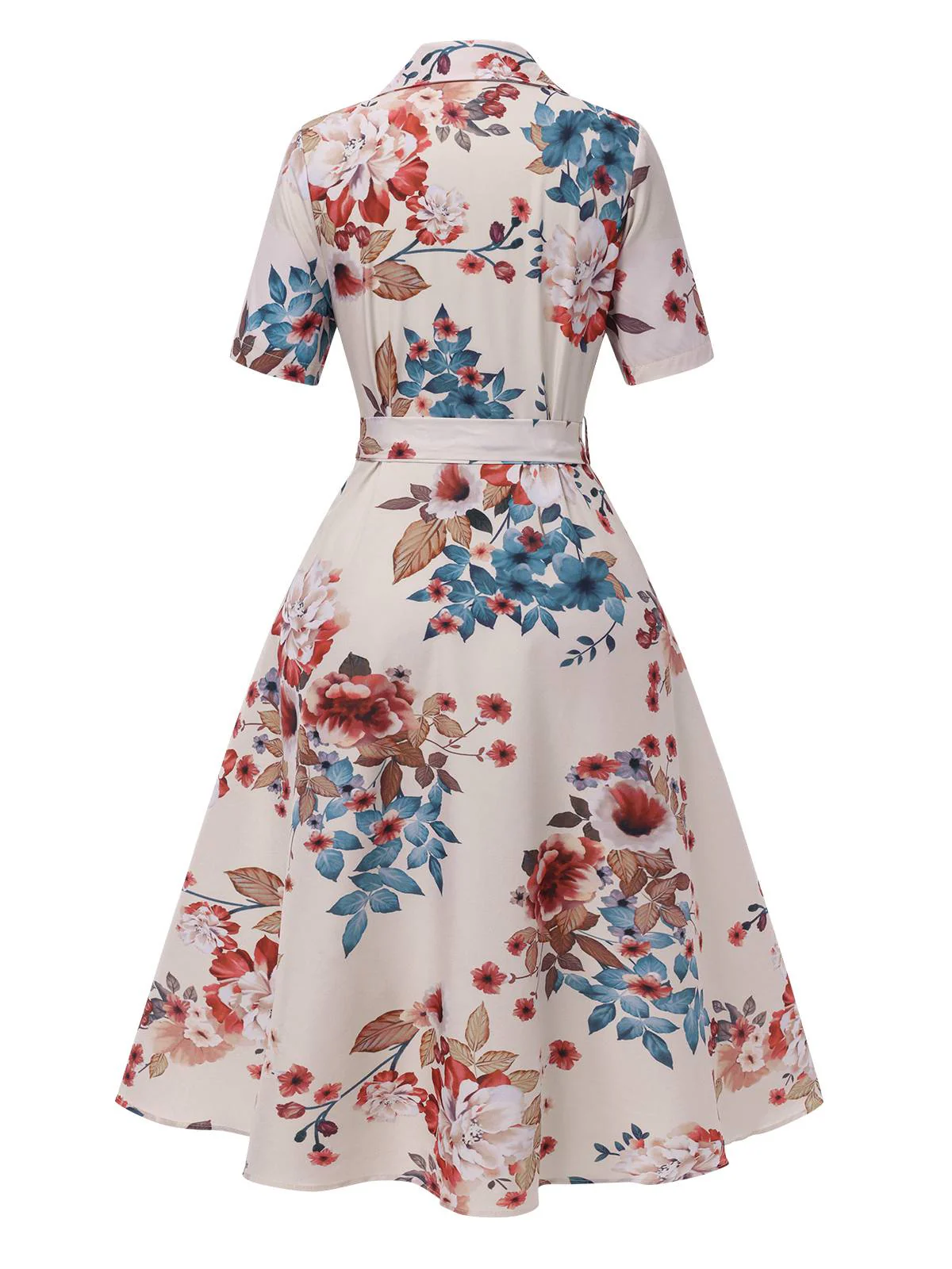 Apricot 1940s Floral Belted Lapel Dress - Image 3