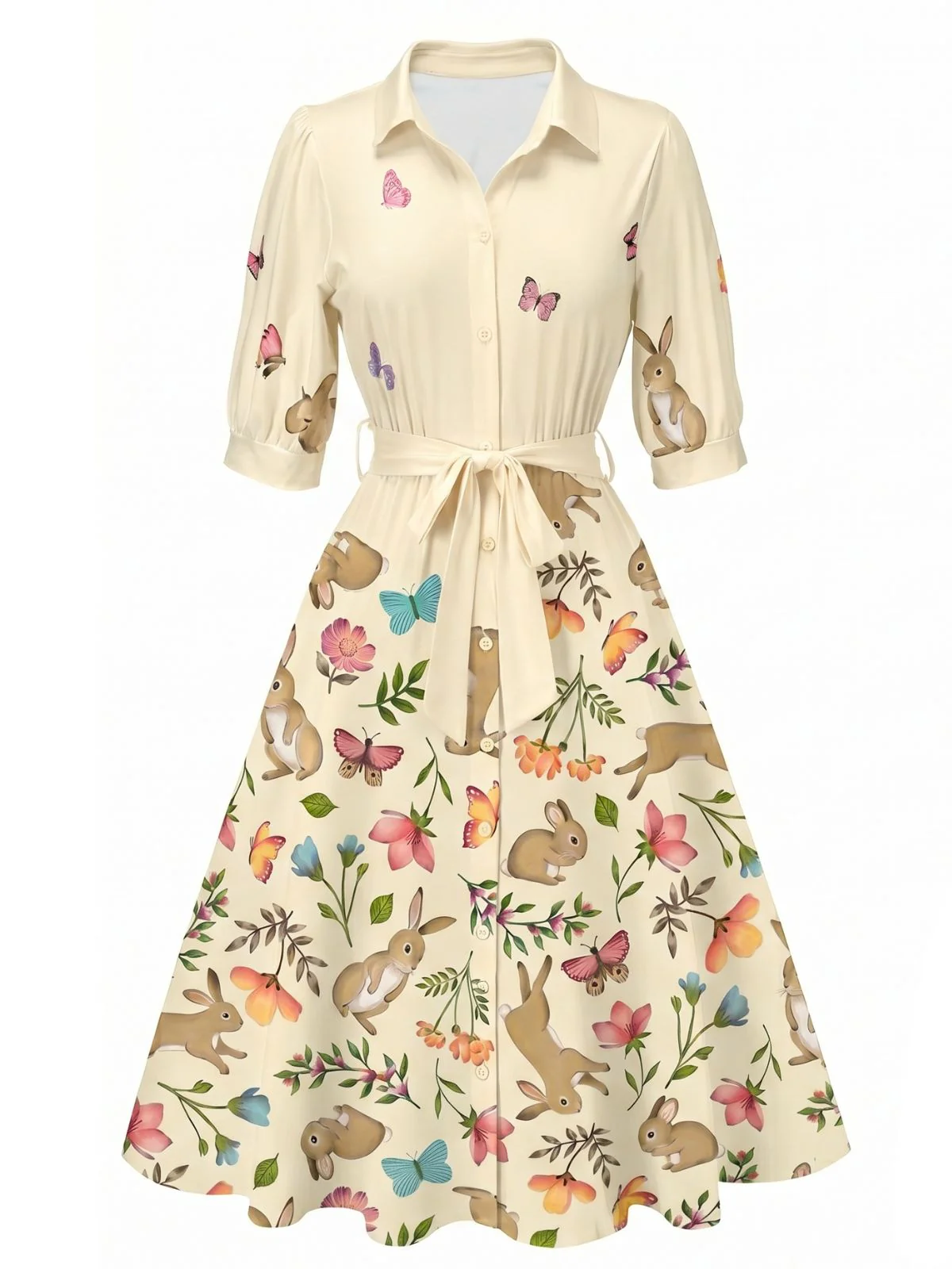 Black 1940s Floral Shirt Neck Belt Dress - Image 6