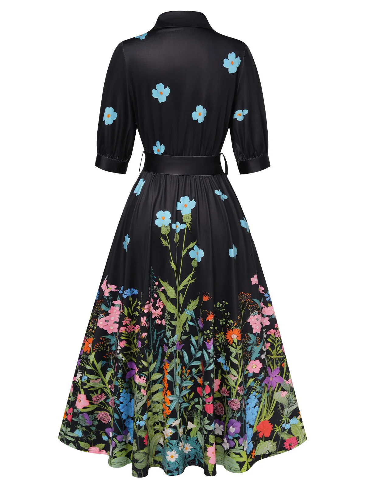 Light Blue 1940s Floral Shirt Neck Belt Dress - Image 4