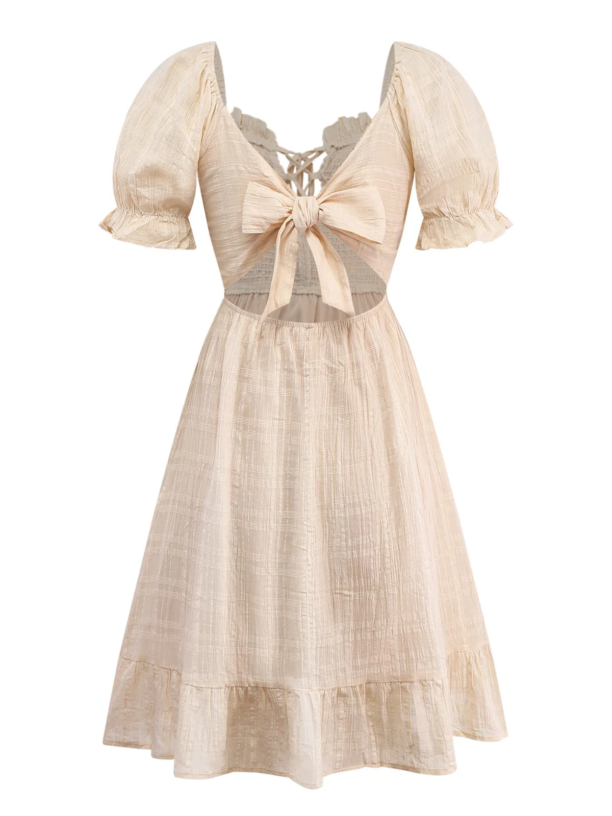 Apricot 1950s Solid Cotton Tie-Back Smocked Dress - Image 3
