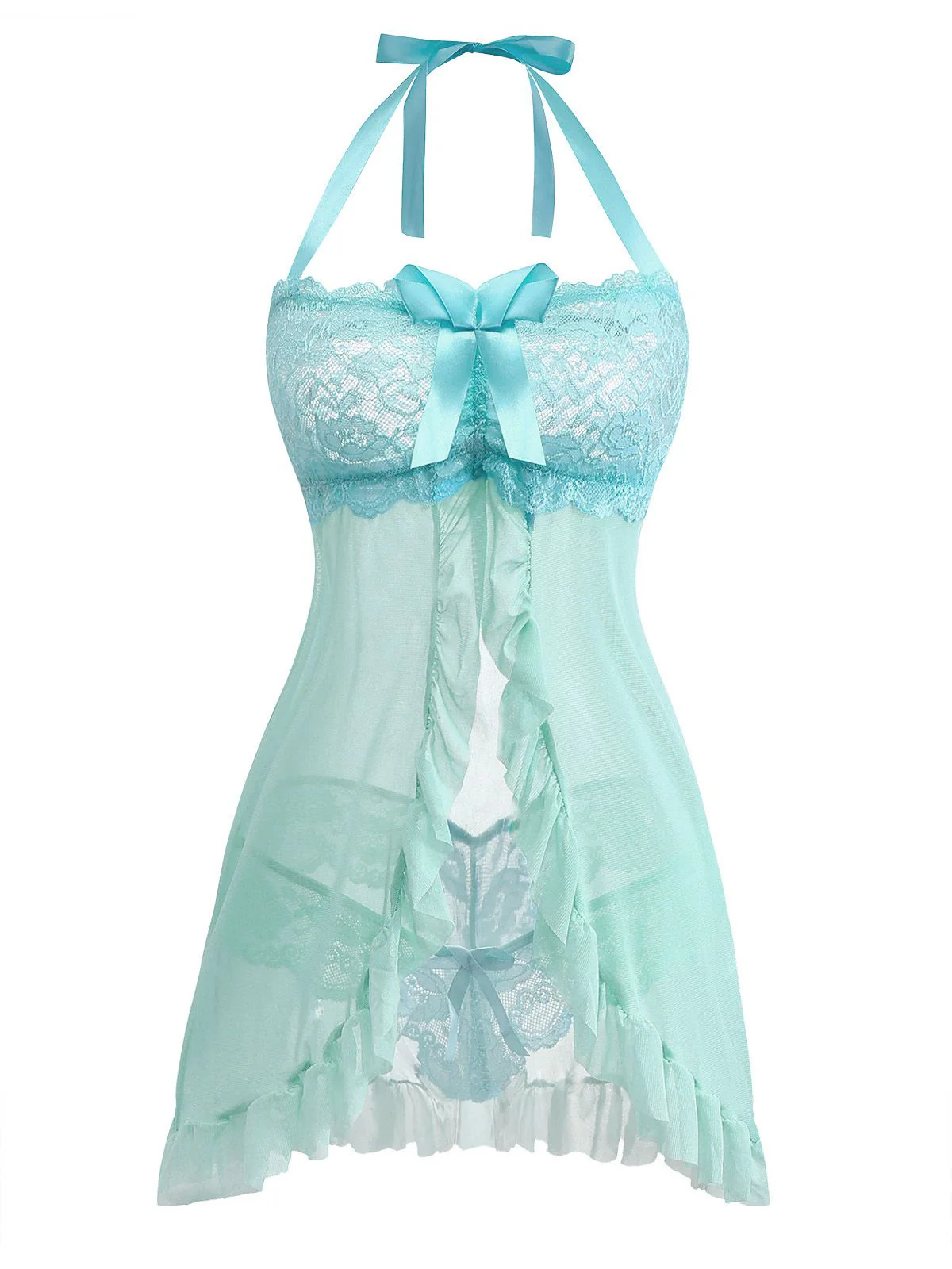 Aqua Blue 1980s Lace Bow Lingerie Set - Image 2