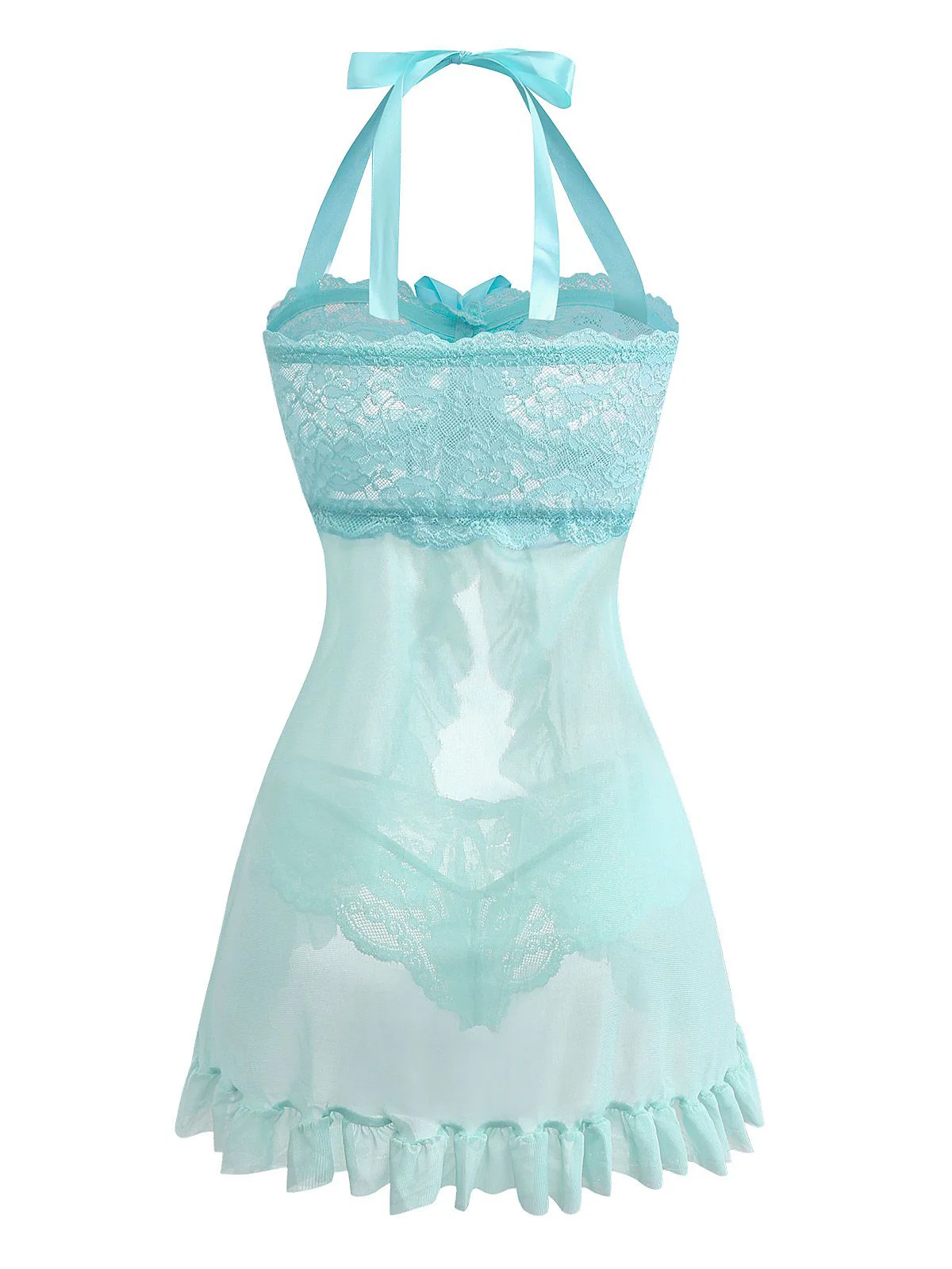 Aqua Blue 1980s Lace Bow Lingerie Set - Image 3