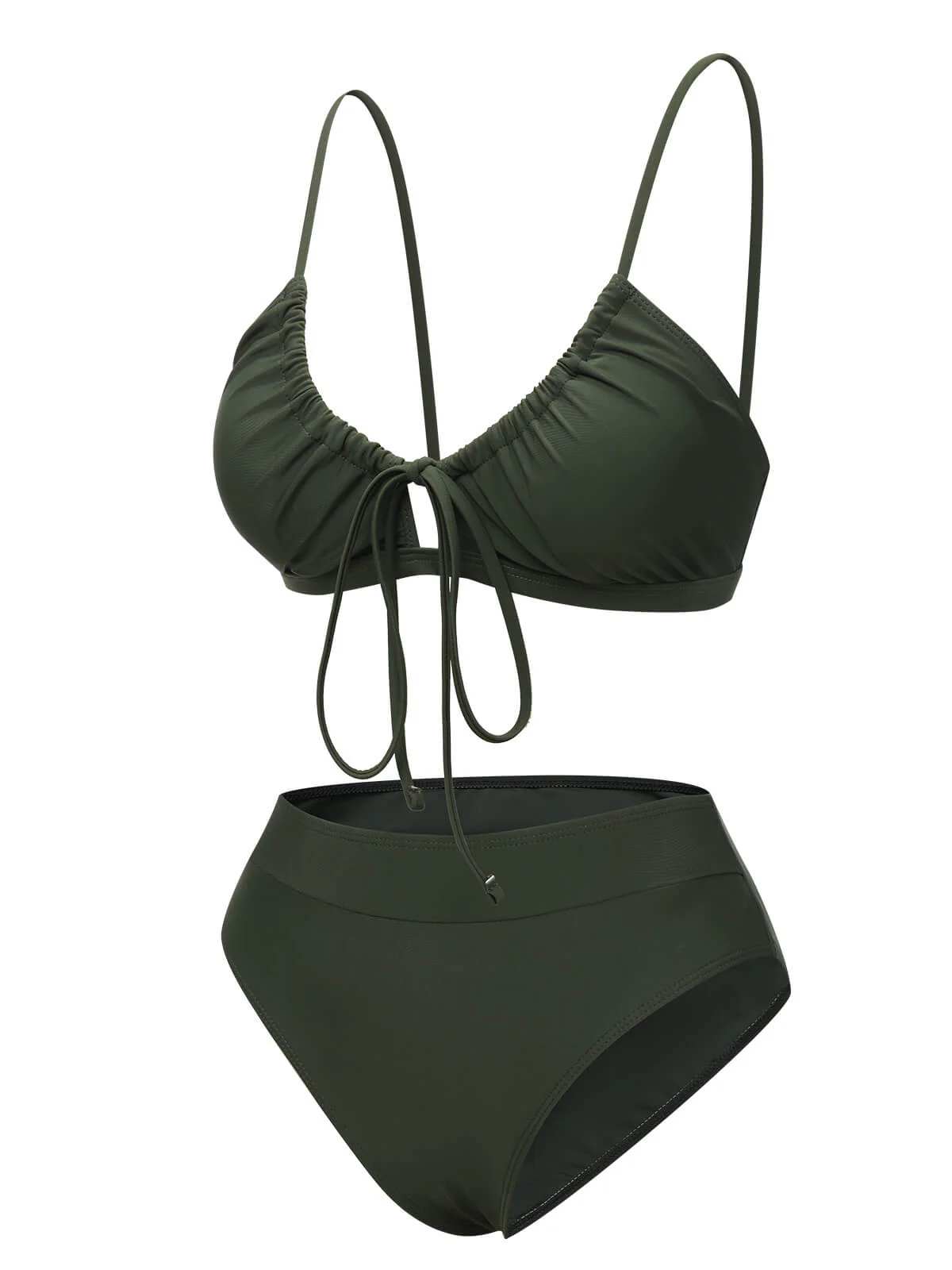 Army Green 1950s Solid Drawstring Halter Bikini - Image 2