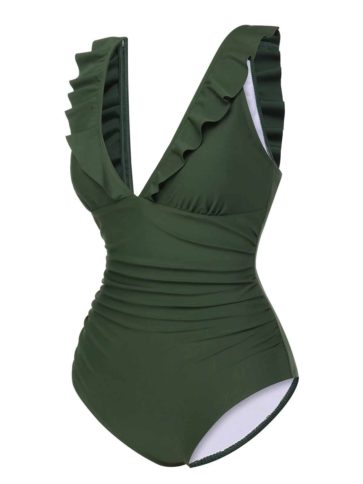 Army Green 1950s Solid Ruffles V-Neck Swimsuit - Image 2