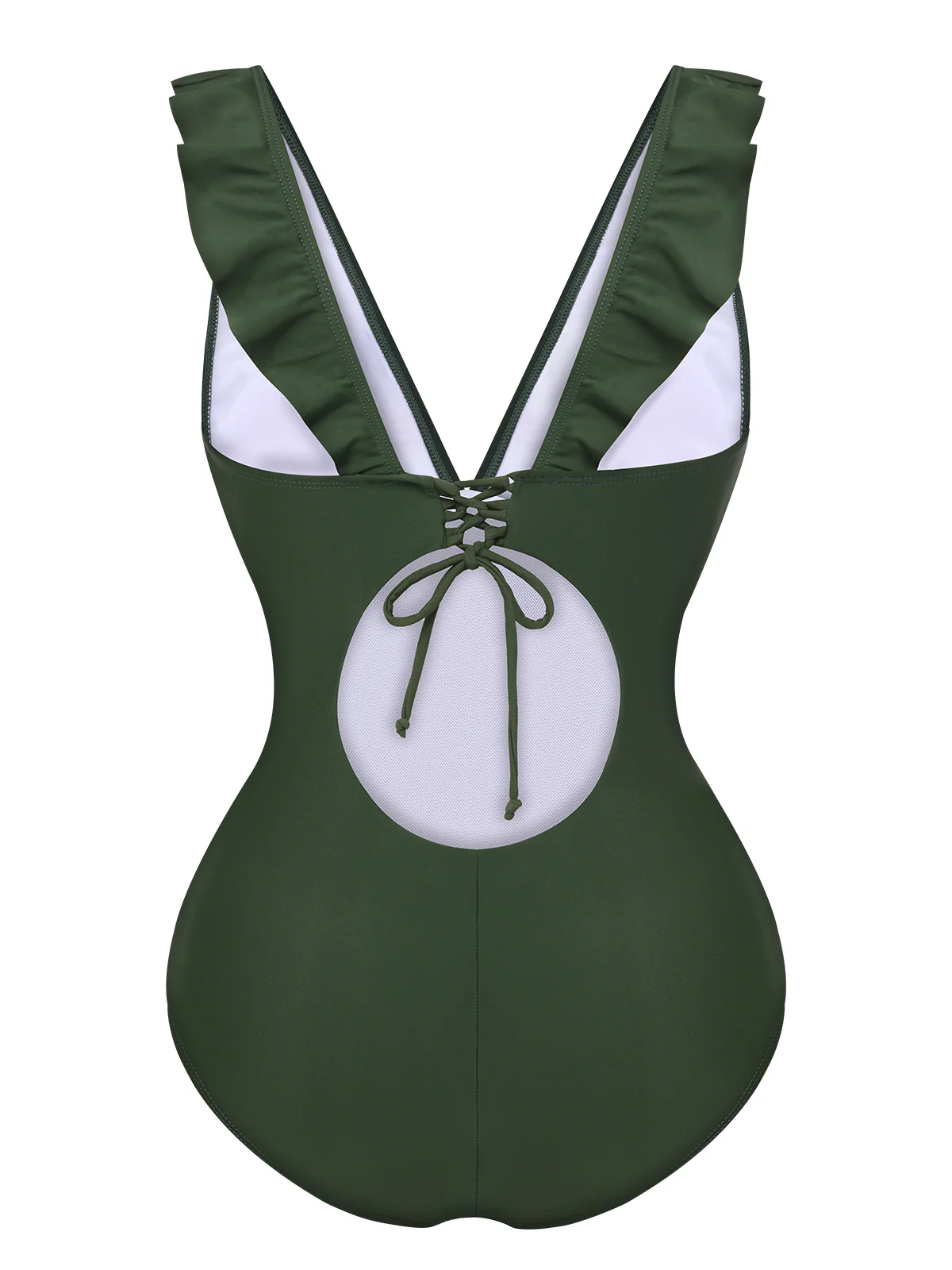 Army Green 1950s Solid Ruffles V-Neck Swimsuit - Image 3
