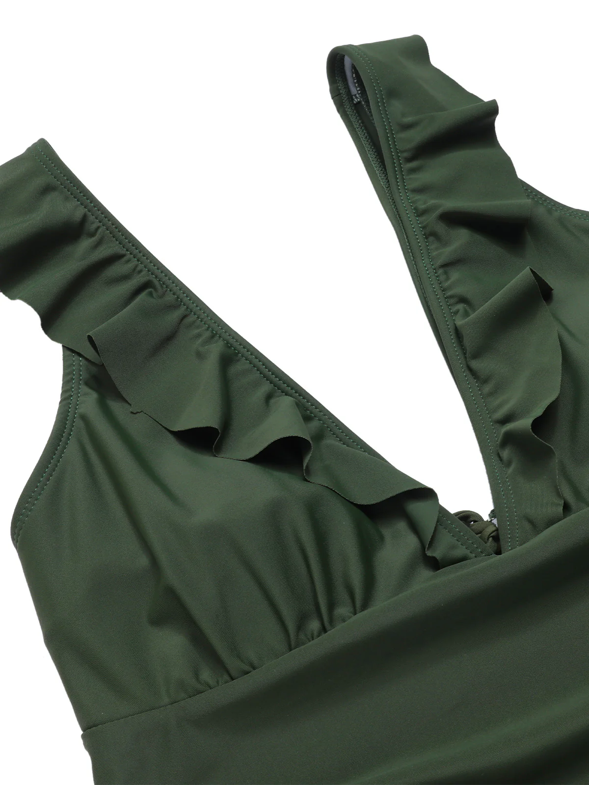 Army Green 1950s Solid Ruffles V-Neck Swimsuit - Image 4