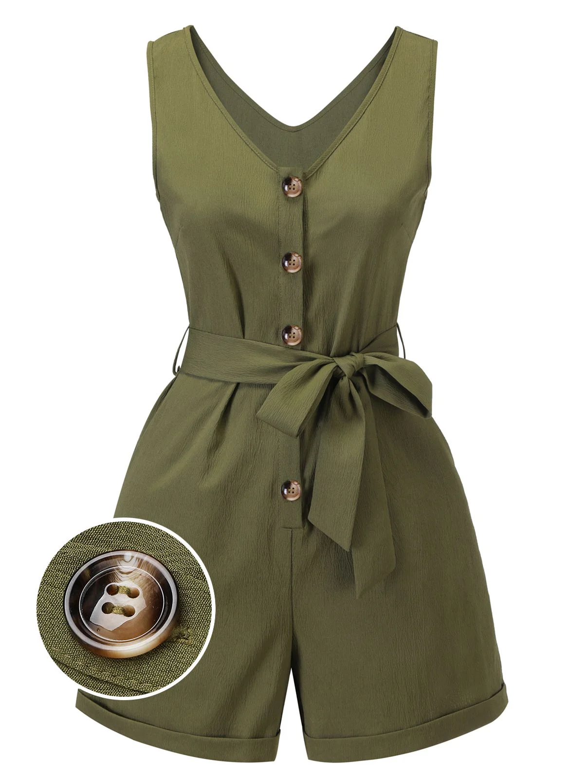 Olive Green 1950s V-Neck Button Waist Tie Romper - Image 2