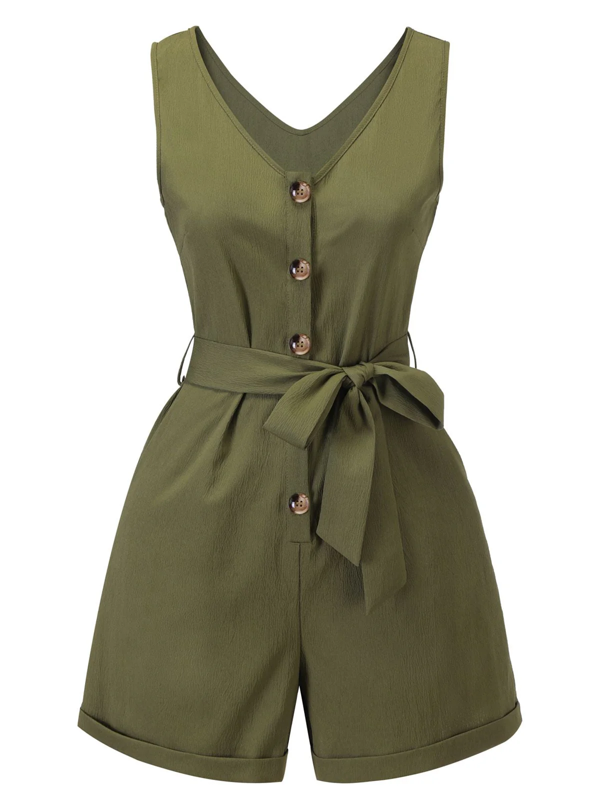 Olive Green 1950s V-Neck Button Waist Tie Romper - Image 3