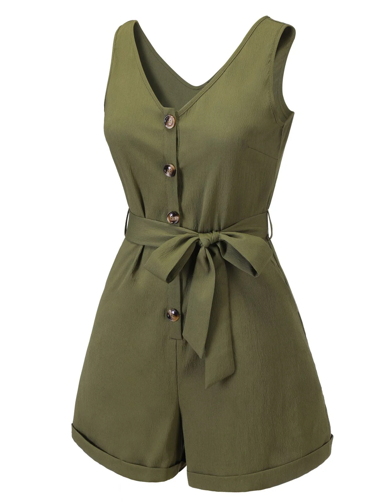 Olive Green 1950s V-Neck Button Waist Tie Romper - Image 5