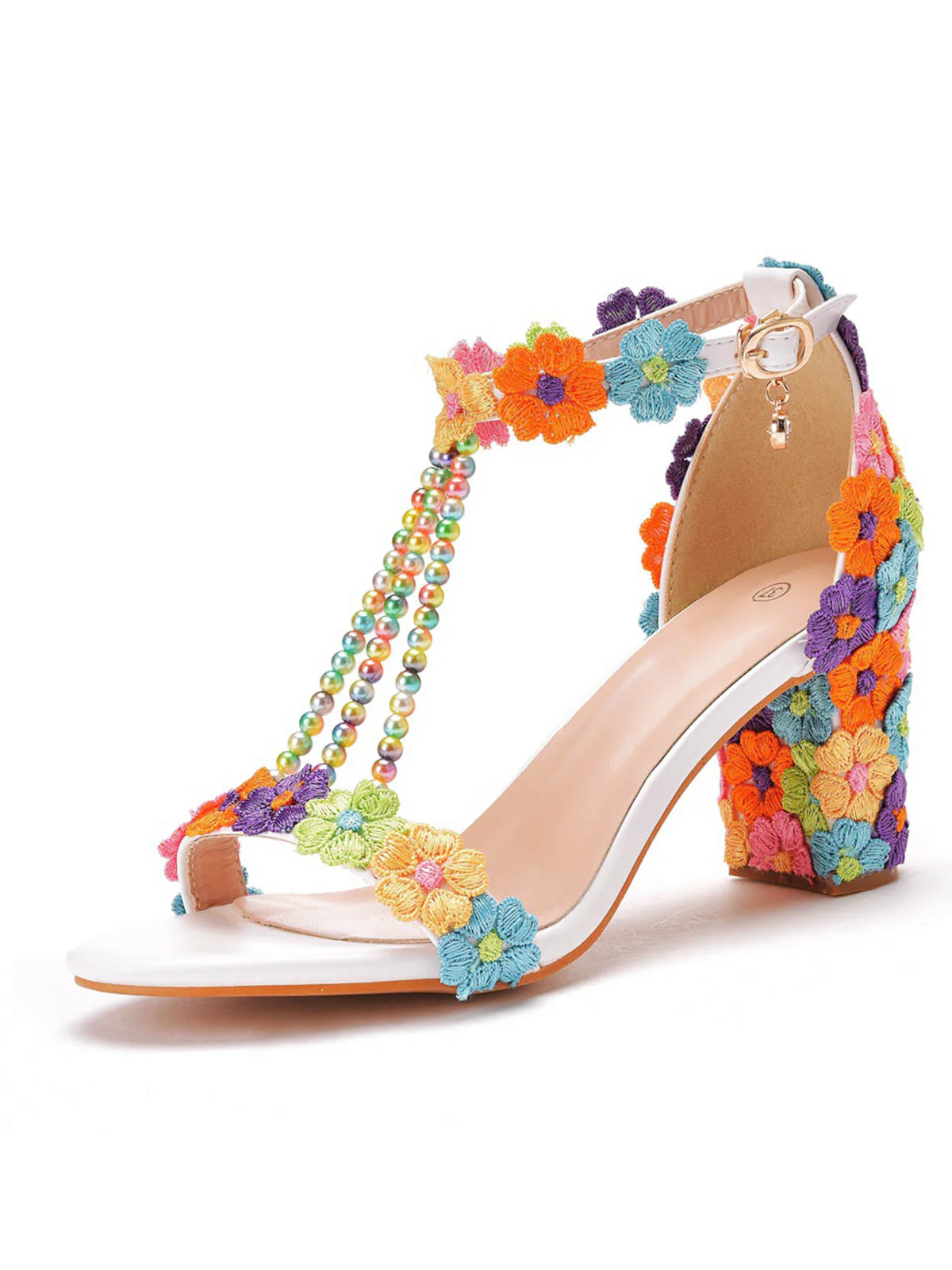 Beaded Flower Hand Embroidered High Heeled Sandals - Image 4