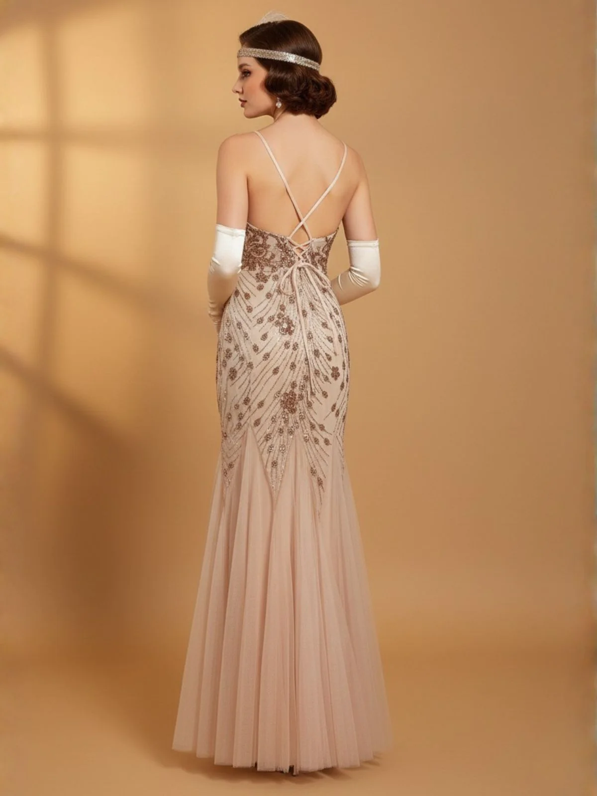 Beige 1920s Sequin Mesh Backless Mermaid Evening Dress - Image 2