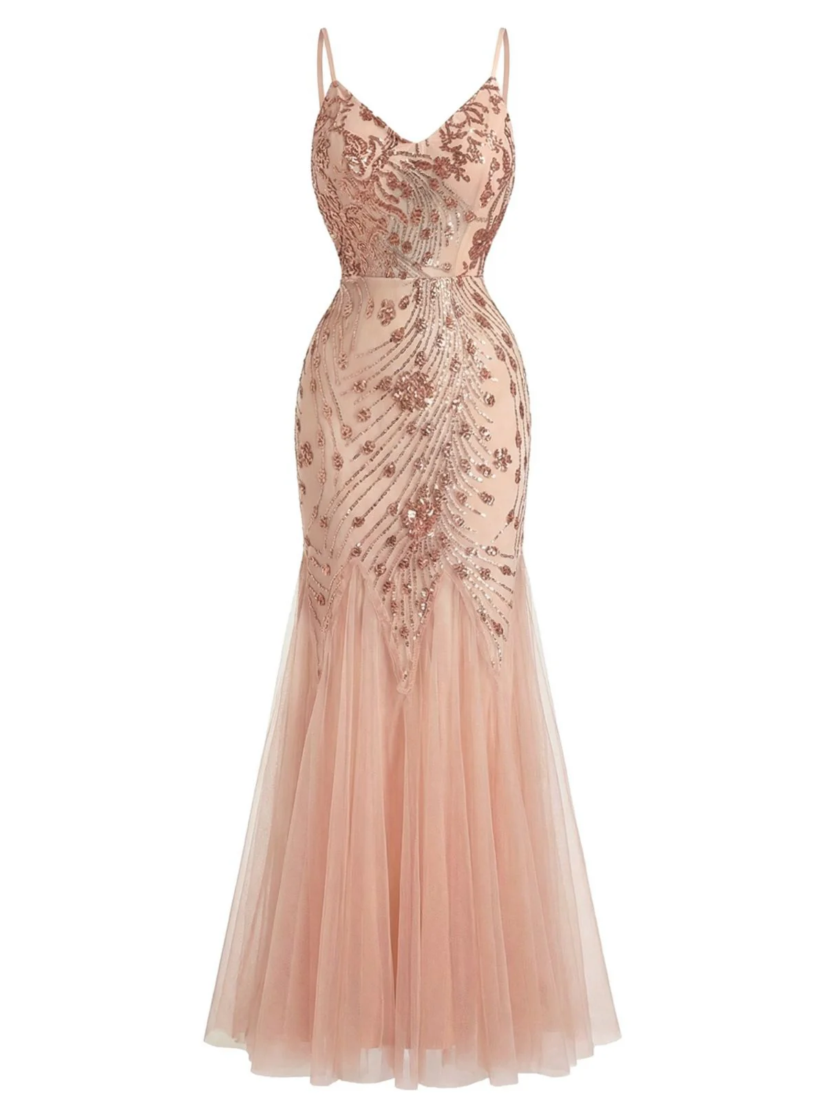 Beige 1920s Sequin Mesh Backless Mermaid Evening Dress - Image 4
