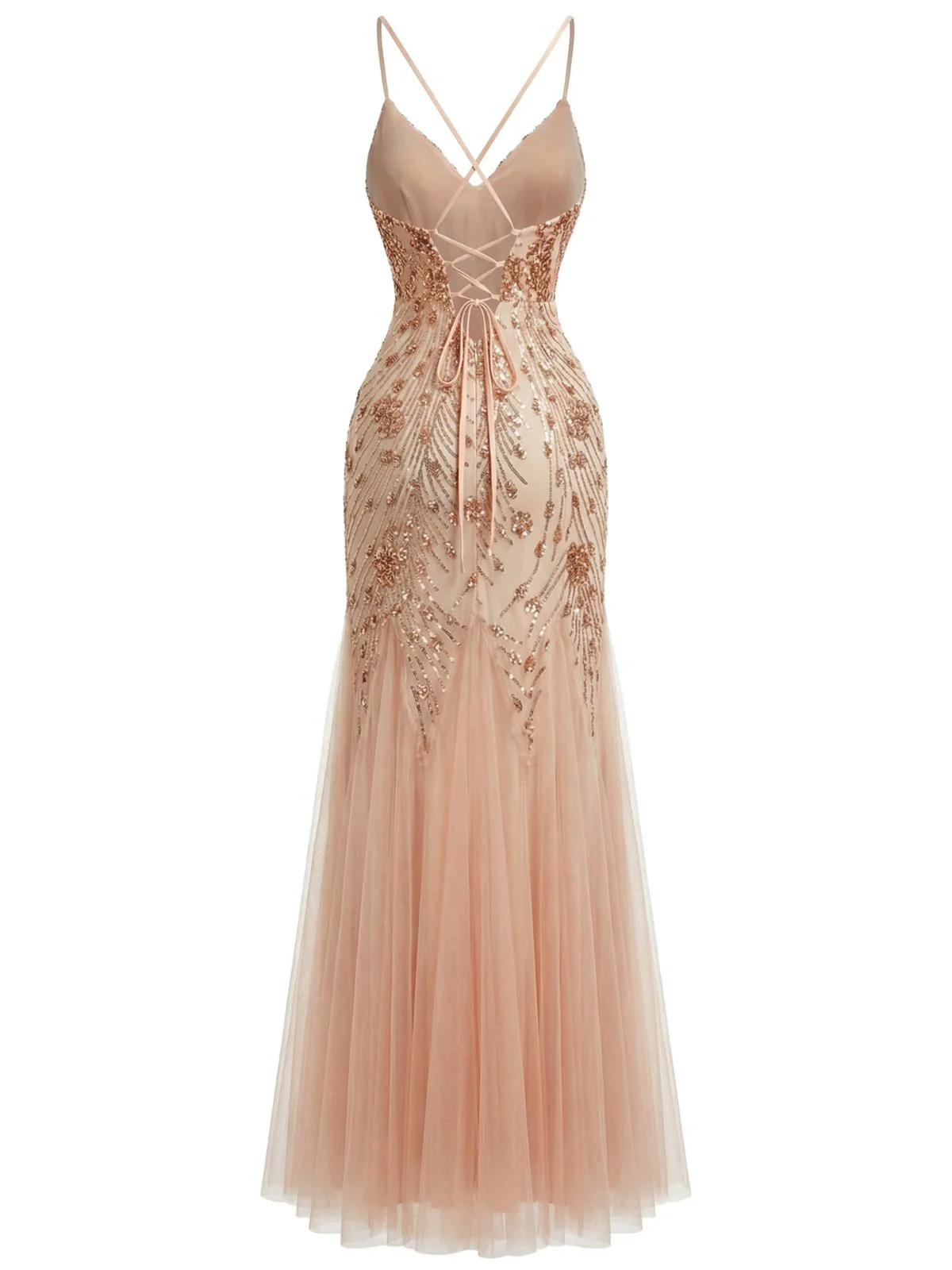 Beige 1920s Sequin Mesh Backless Mermaid Evening Dress - Image 5