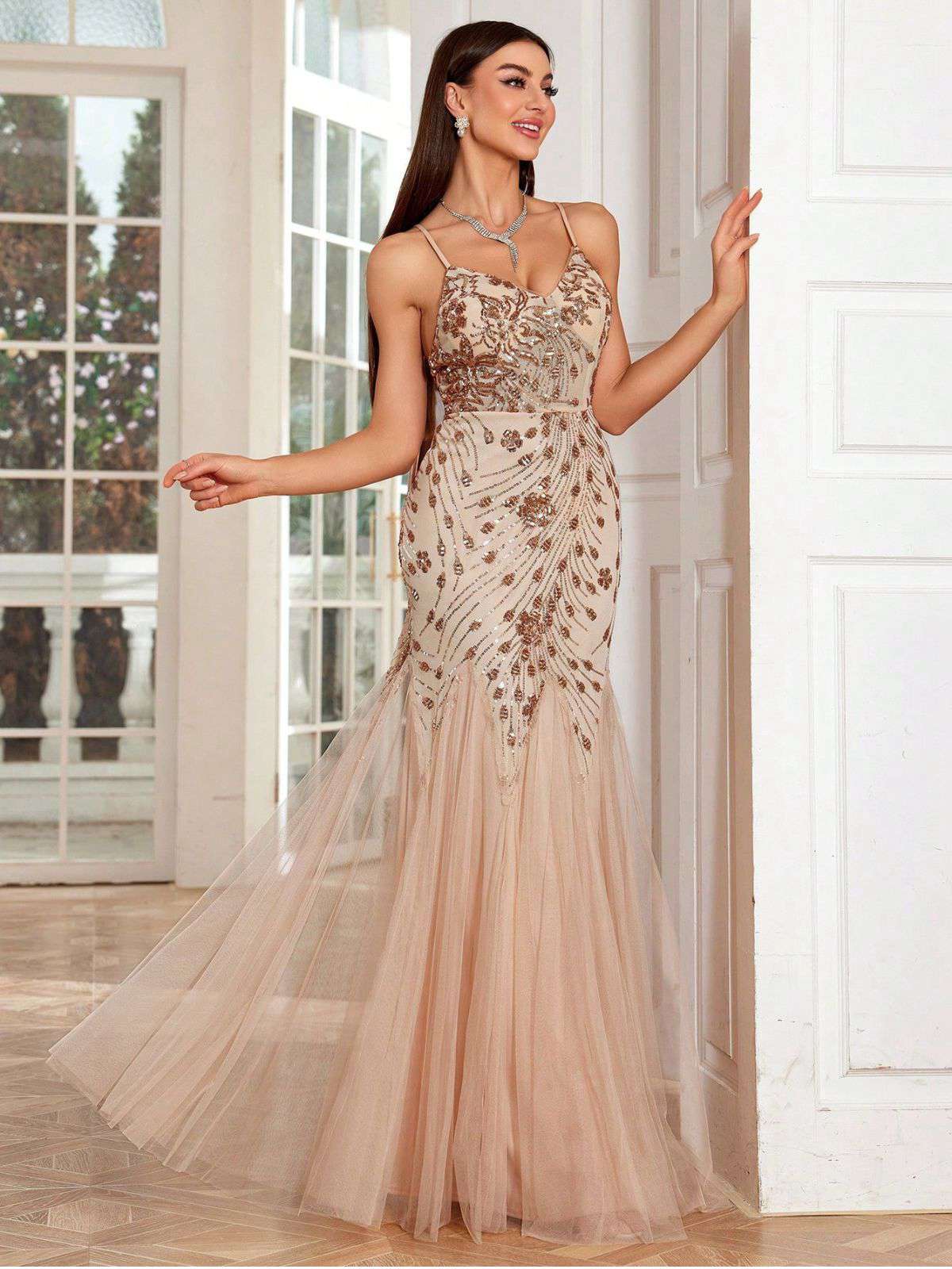 Beige 1920s Sequin Mesh Backless Mermaid Evening Dress - Image 2