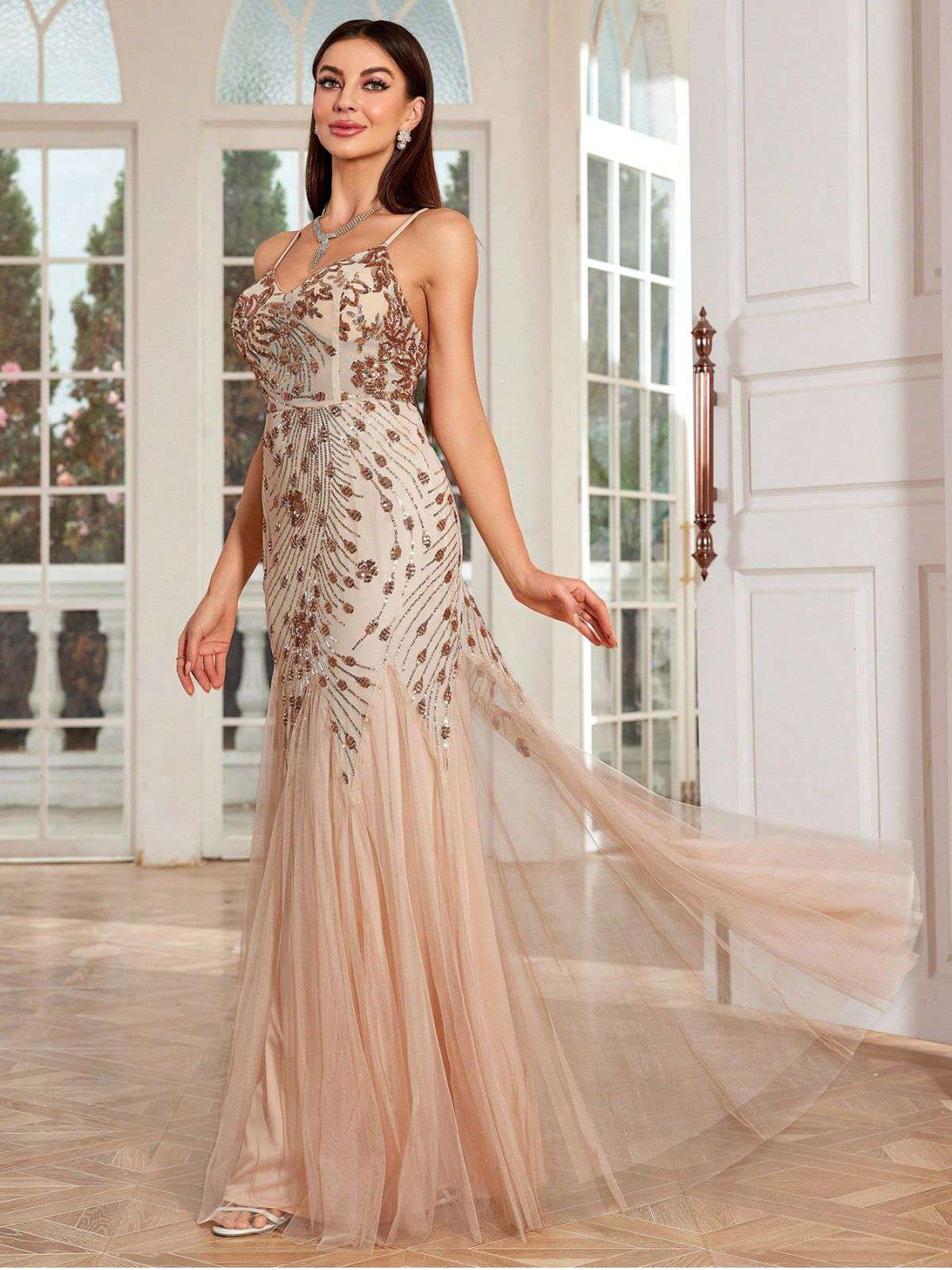 Beige 1920s Sequin Mesh Backless Mermaid Evening Dress - Image 3