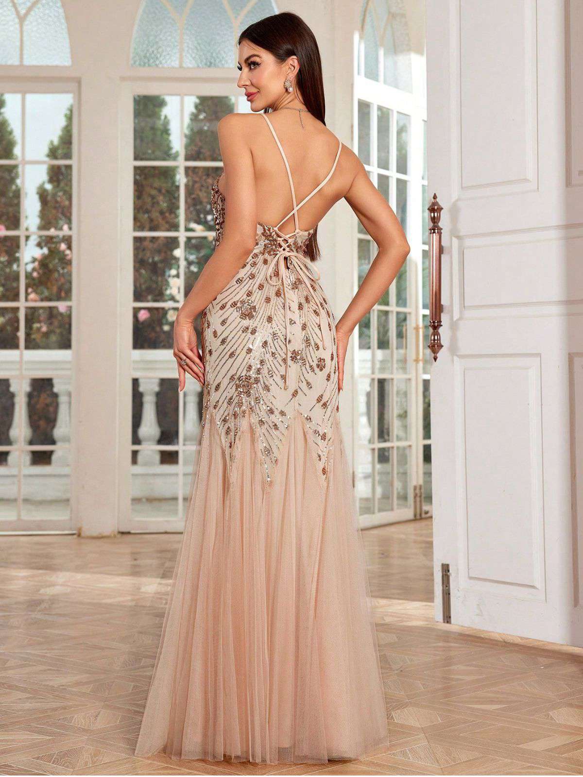 Beige 1920s Sequin Mesh Backless Mermaid Evening Dress - Image 6