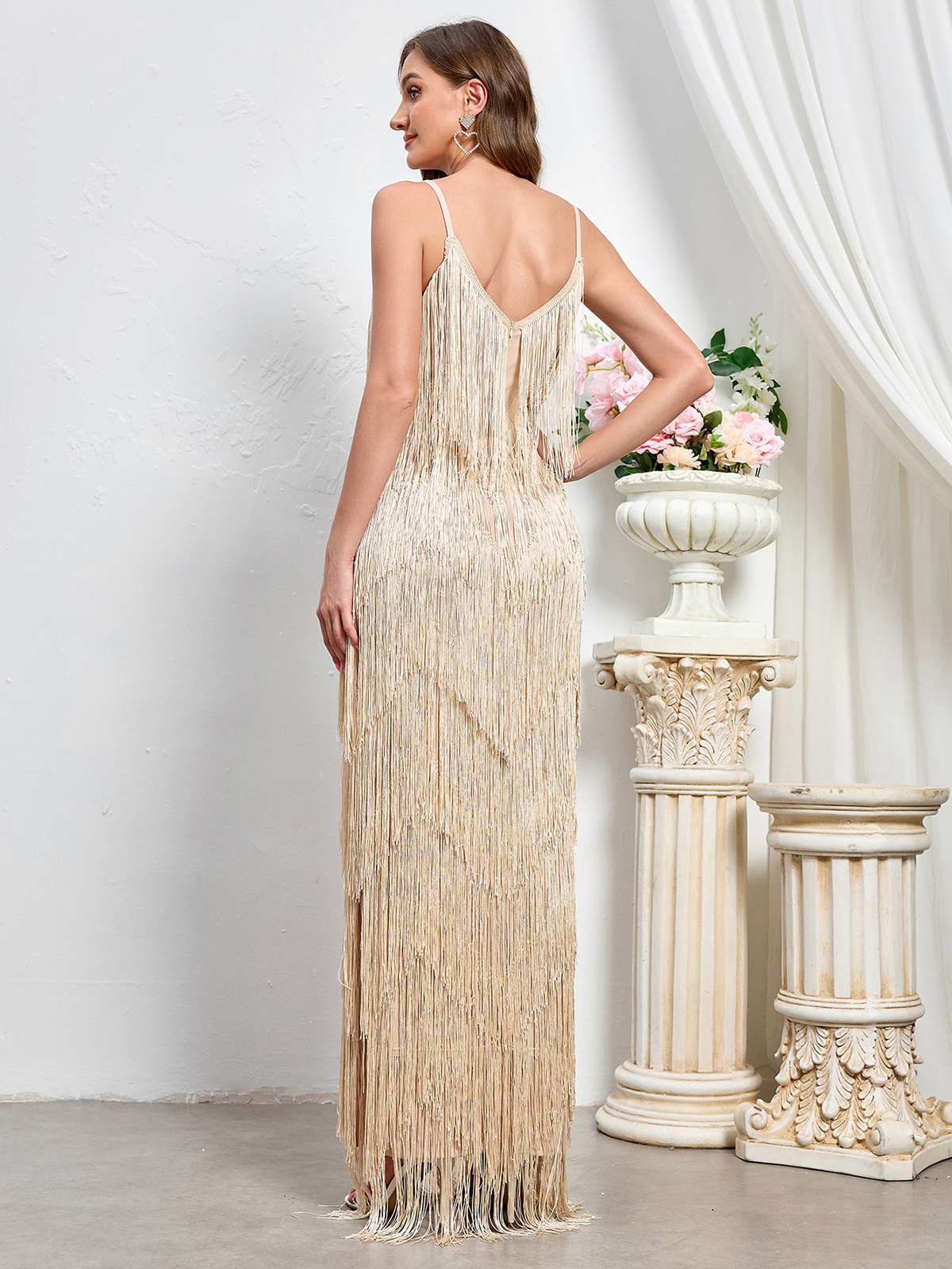 Beige 1920s Tassel Spaghetti Straps Maxi Dress - Image 2