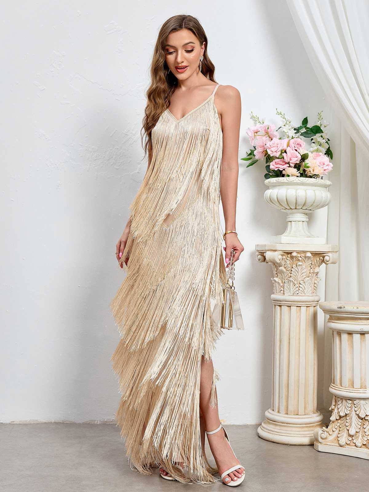 Beige 1920s Tassel Spaghetti Straps Maxi Dress - Image 3