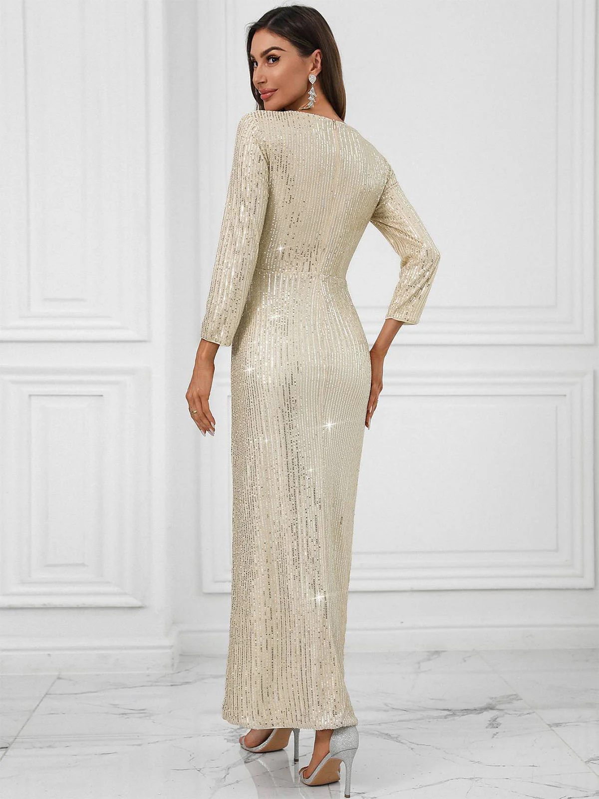 Beige 1920s V-Neck Sequined Slit Dress - Image 6