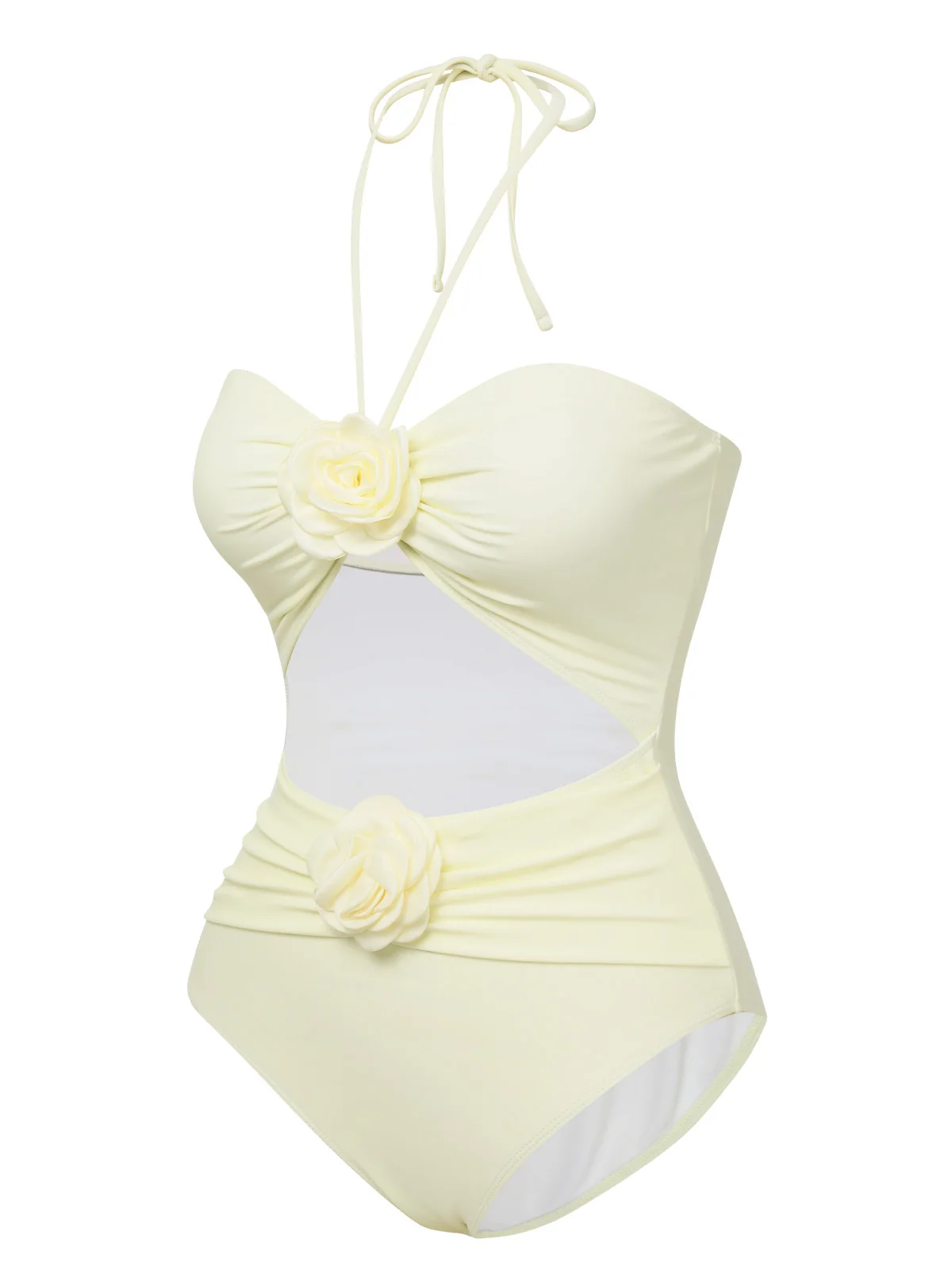 Beige 1930s 3D Flowers Halter One-Piece Swimsuit - Image 2