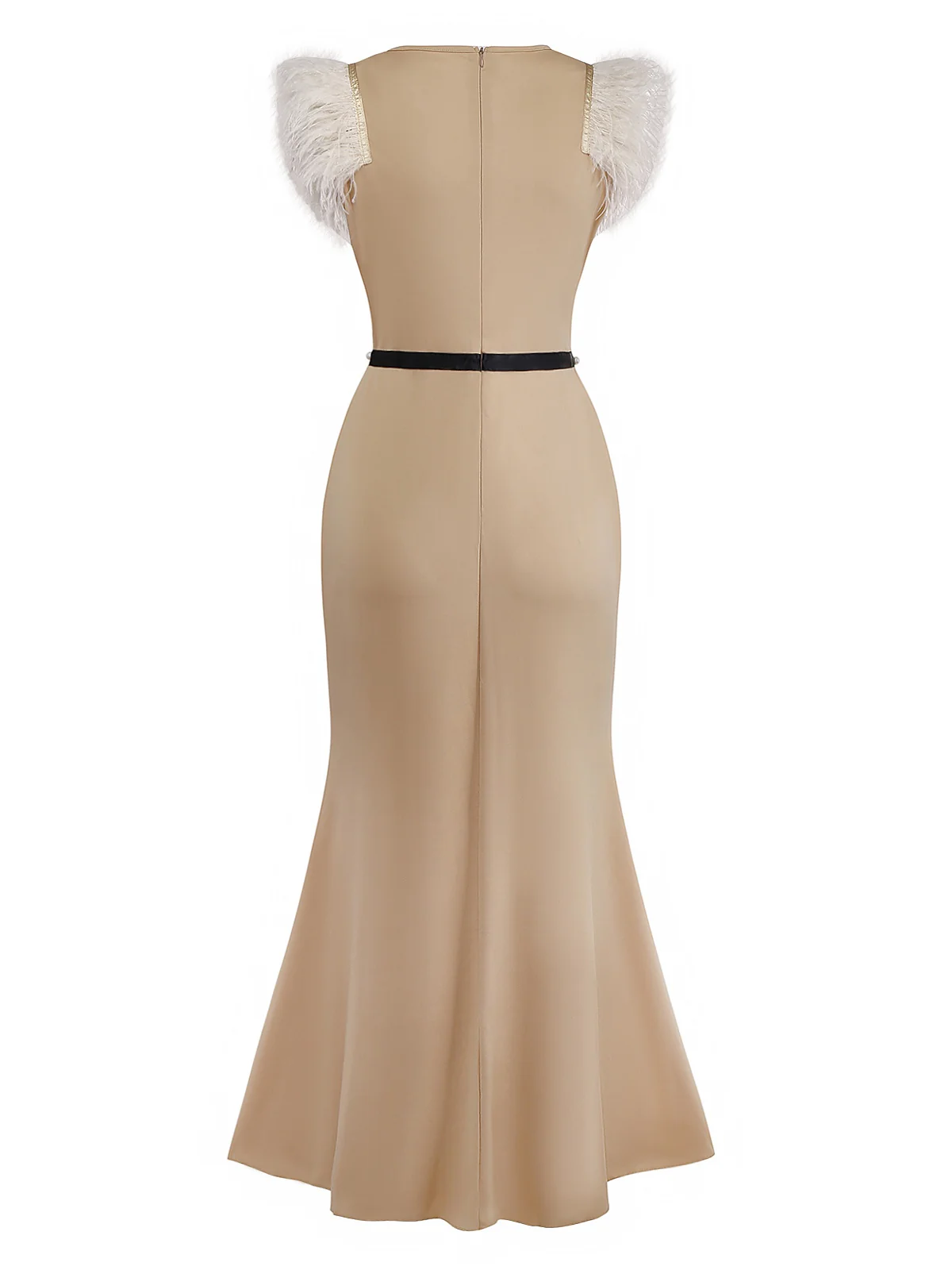 Beige 1930s Beaded & Feather Patchwork Mermaid Dress - Image 2