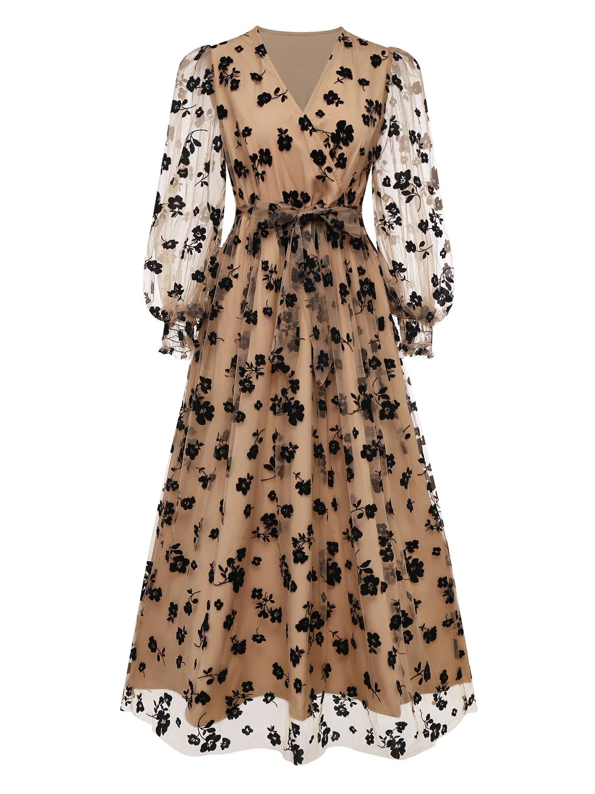 Beige 1930s Flocked Floral Mesh V-Neck Dress - Image 2