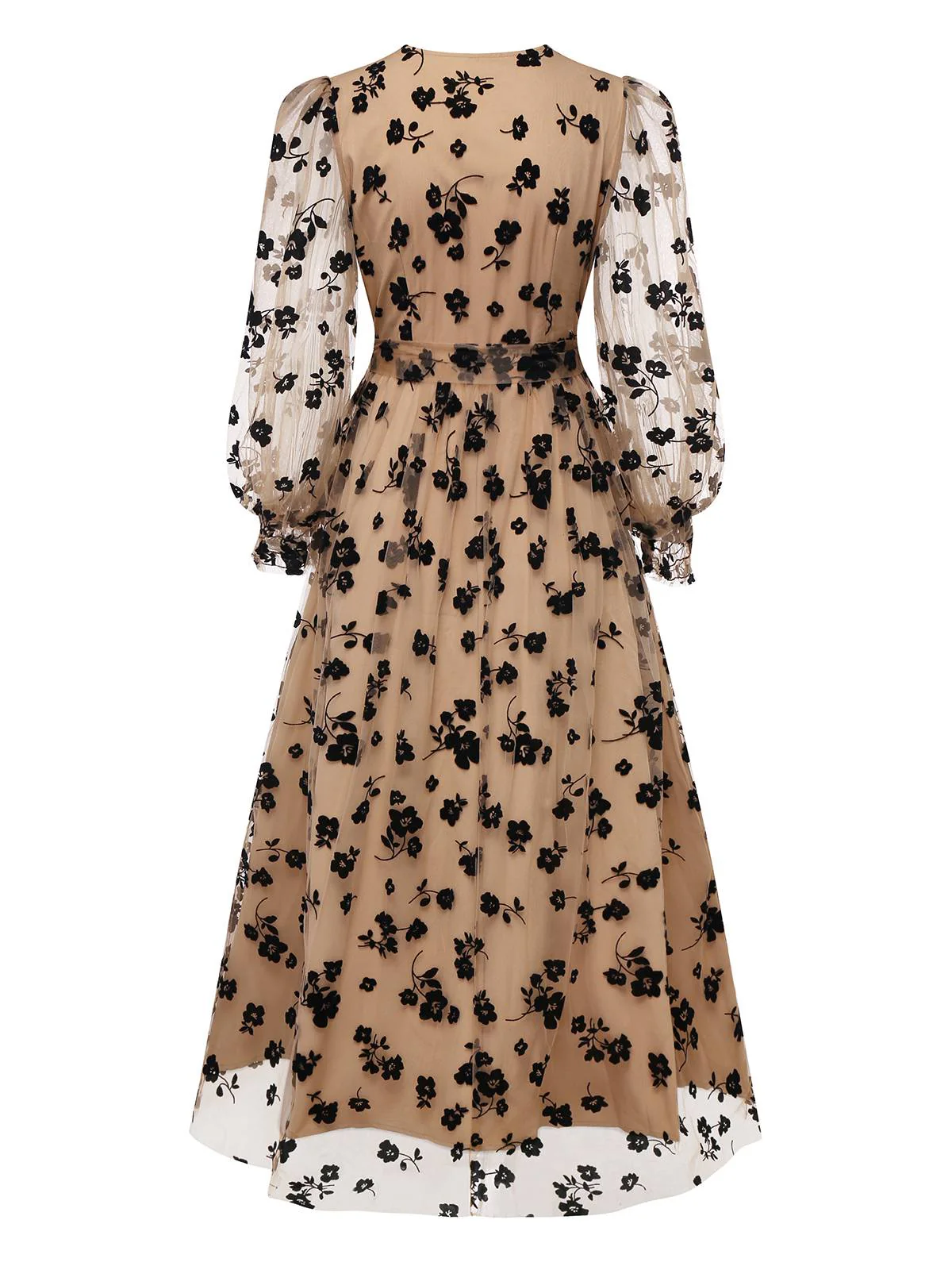 Beige 1930s Flocked Floral Mesh V-Neck Dress - Image 3