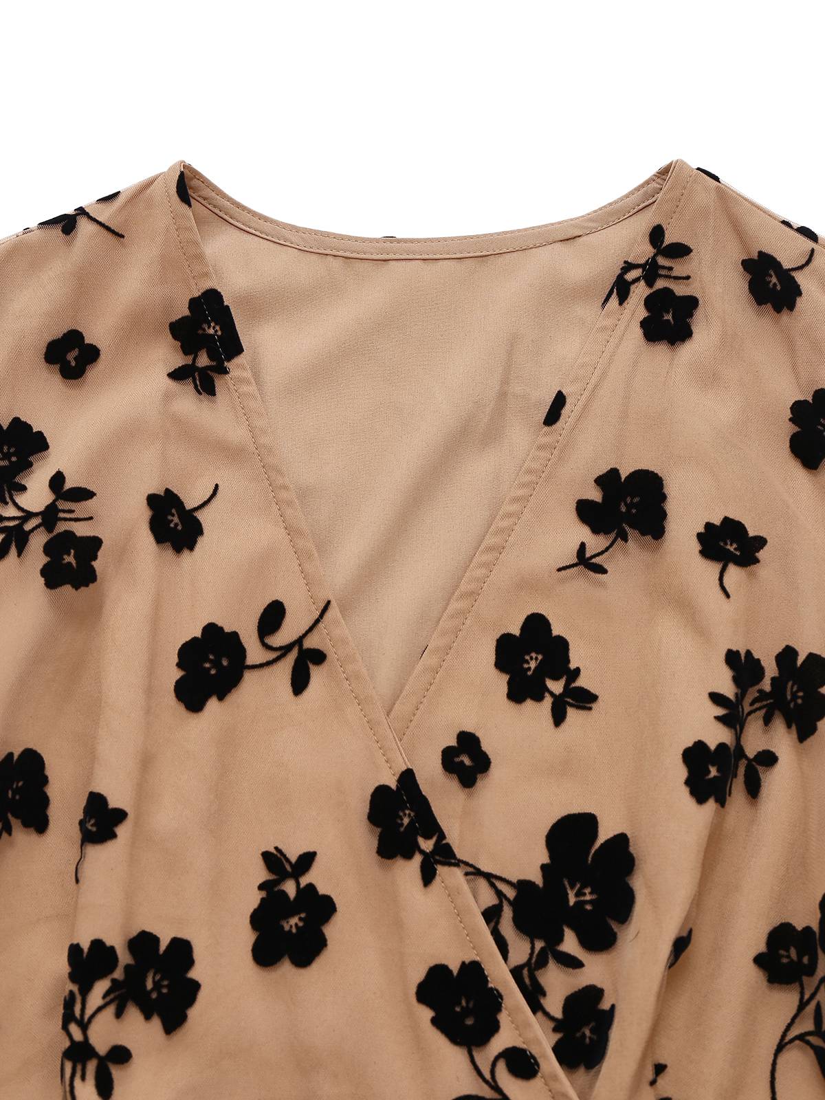 Beige 1930s Flocked Floral Mesh V-Neck Dress - Image 4