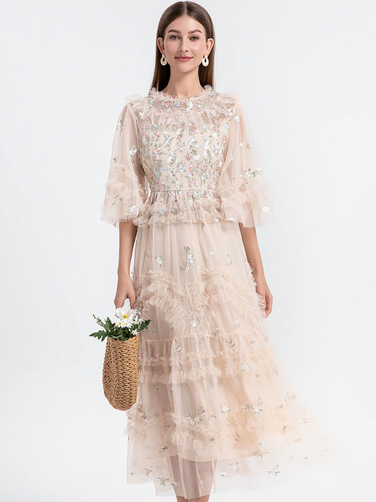 Beige 1930s Floral Embroidery Illusion Mesh Ruffled Dress - Image 2