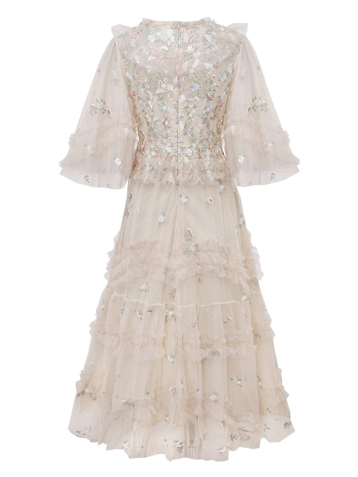 Beige 1930s Floral Embroidery Illusion Mesh Ruffled Dress - Image 3