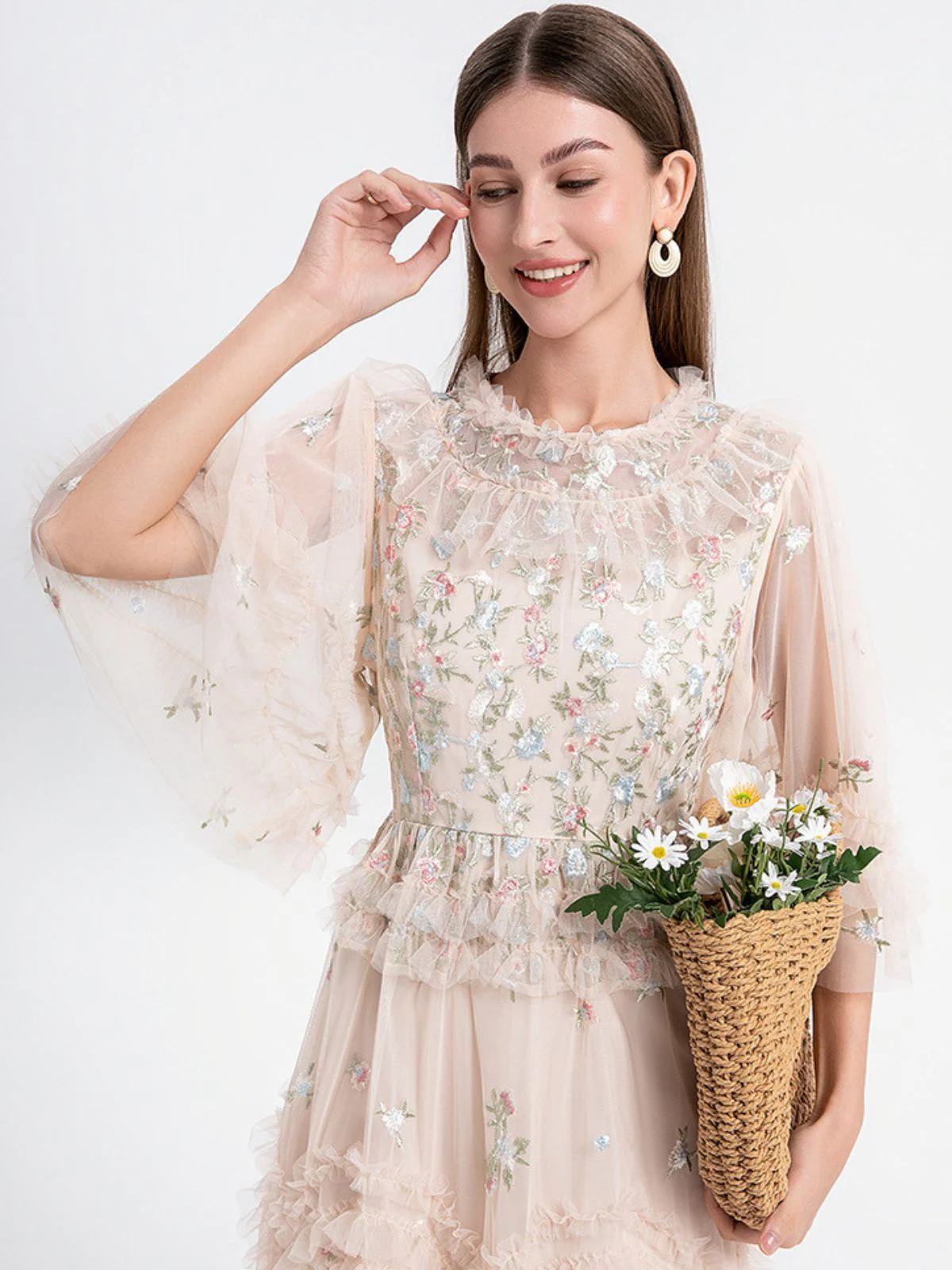 Beige 1930s Floral Embroidery Illusion Mesh Ruffled Dress - Image 4