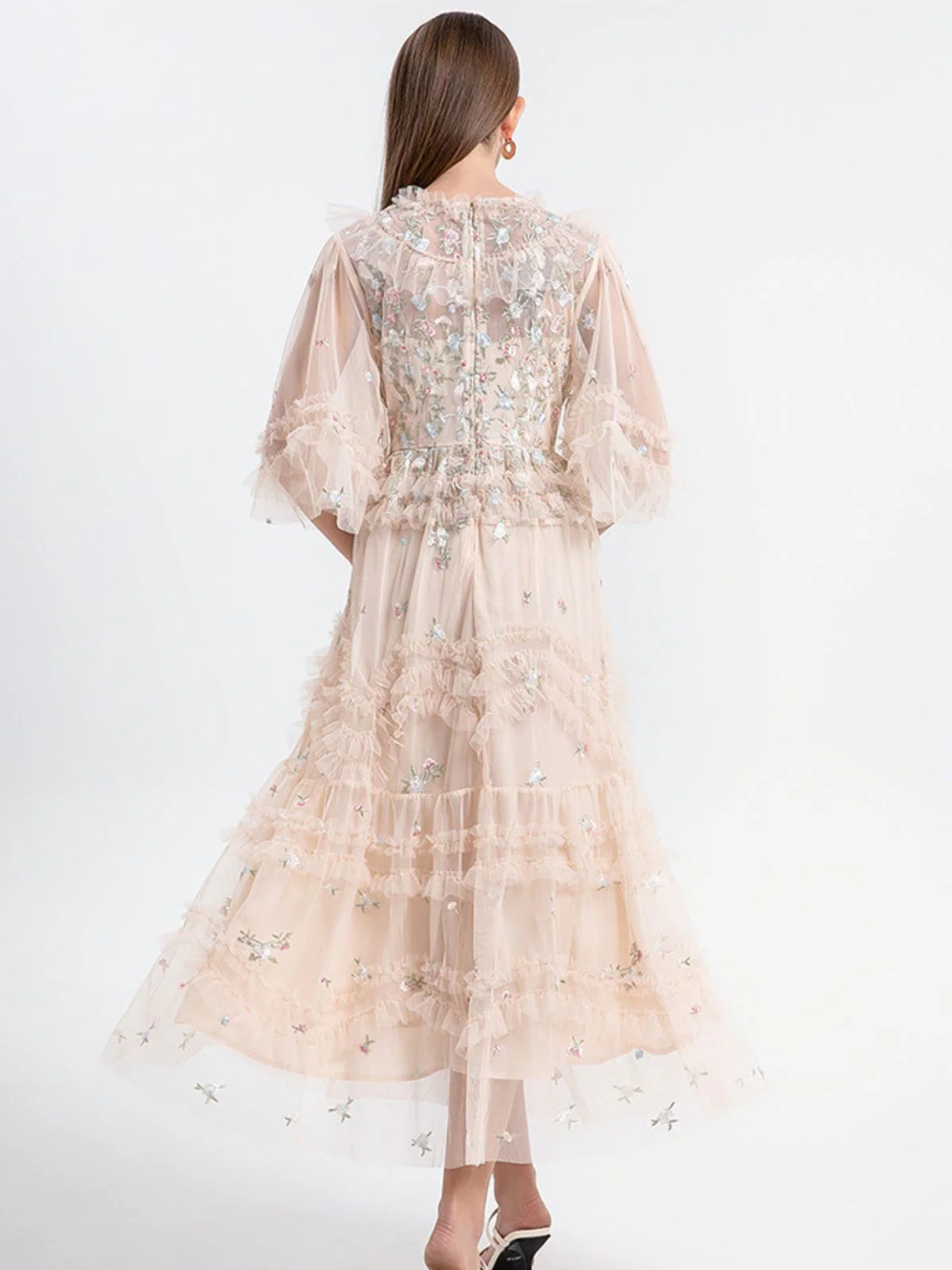 Beige 1930s Floral Embroidery Illusion Mesh Ruffled Dress - Image 5